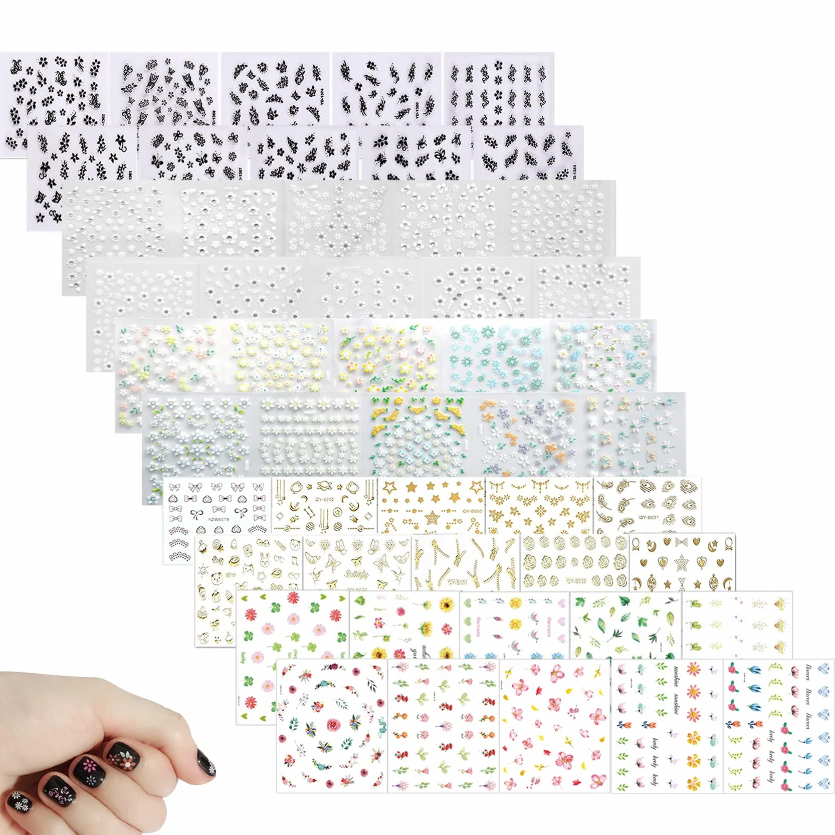 Autocollant Ongle d'Art 3D 50 Feuilles Mix Couleur Auto-adhésif Nail Art Sticker Bricolage