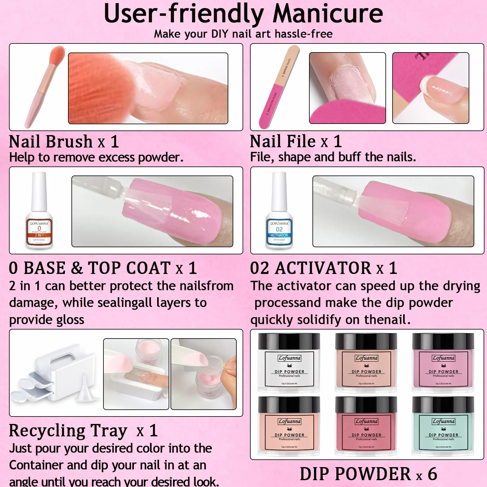 Kit de manucure en poudre de trempage pour ongles 6 couleurs - Poudre acrylique liquide avec base 2 en 1 activateur - Brosse à ongles - Plateau de recyclage