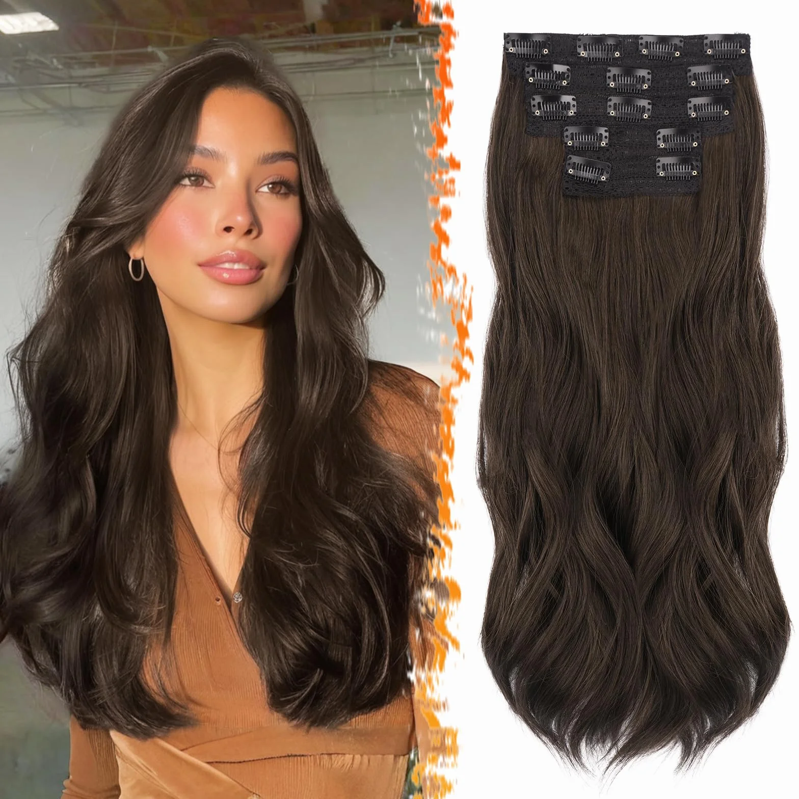 BARSDAR Extension Cheveux à Clips Foncé Brun, Longue Ondulées Extension à Clip Cheveux Naturel pour Femme 50cm 5PCS Tête Pleine Extensions Synthétique Postiche - Foncé Brun