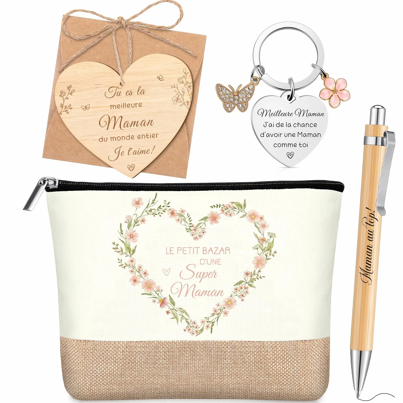Coffret Cadeau pour Maman Trousse de Maquillage Porte-Clés Stylo à Bille Carte de vœux en Bois en Forme de cœur Enveloppes Fête des Mères Anniversaire Noël