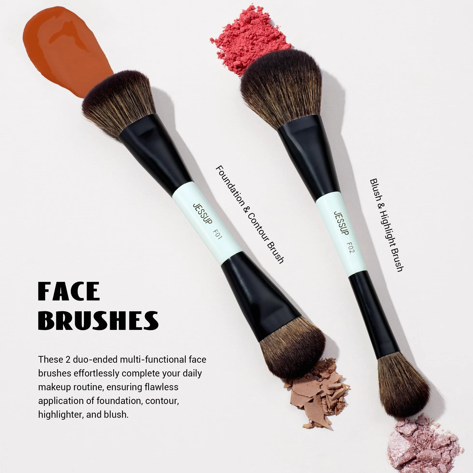 Jessup Pinceaux Maquillages Lot de 6pcs Double Embout Pinceau de Maquillage Visage et Yeux Pinceau Fond de Teint,Fard à Paupières,Contour,Rougir,Souligner,Mélange,Sourcil Brosse,Cyan Vif T501