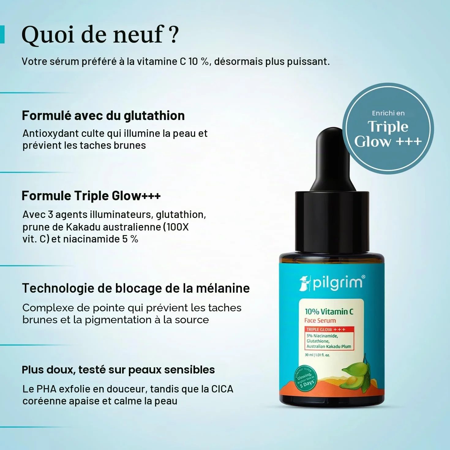 Pilgrim Sérum à 10 % de vitamine C 30 ml pour une peau éclatante | Avec 5 % de niacinamide, acide hyaluronique et glycolique | estompe les taches brunes, la pigmentation | Pour tous, peaux grasses