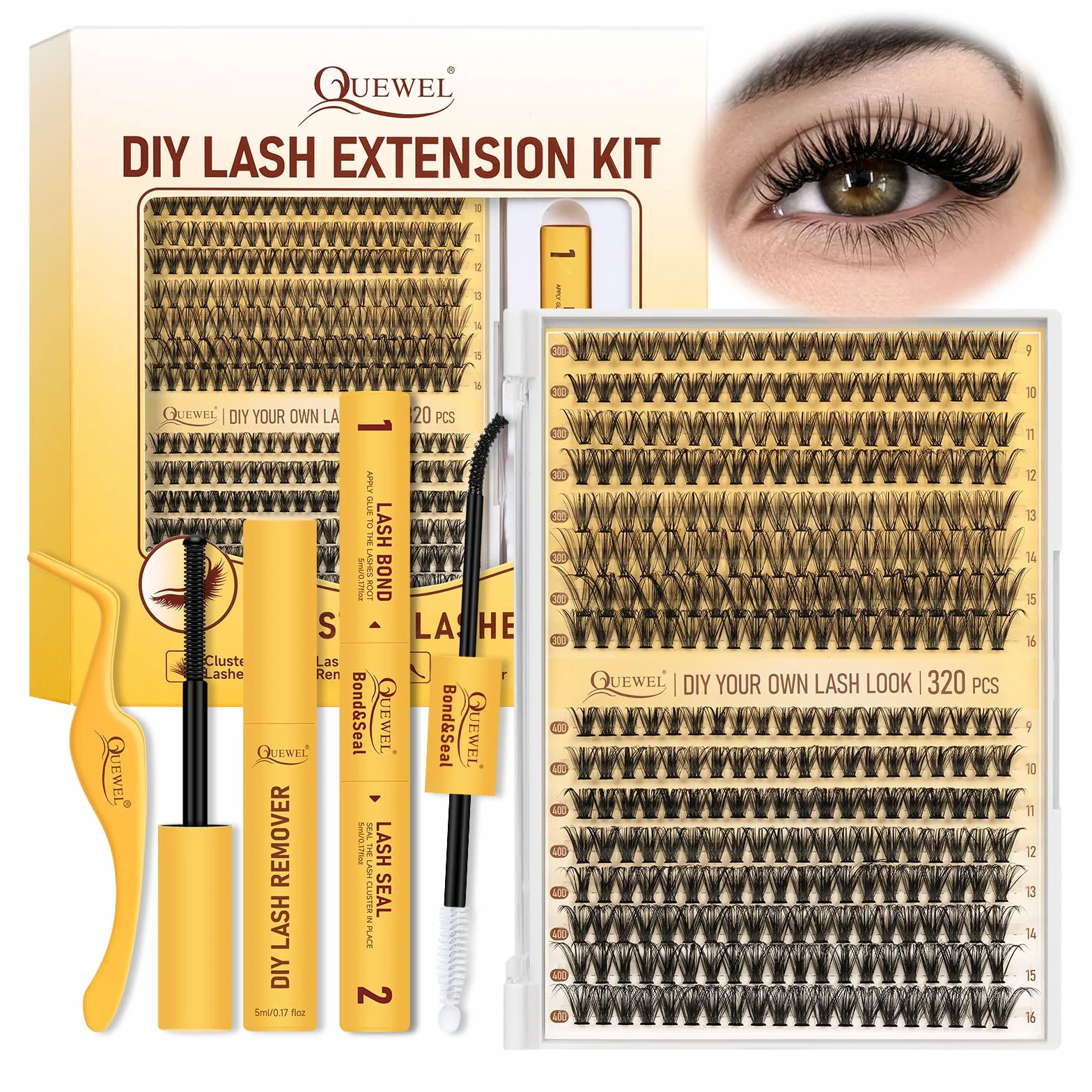 QUEWEL 320PCS 30D+40D Kit-Extension-Cils, 9-16mm Faux Cils Individuel avec pince à cils et colle