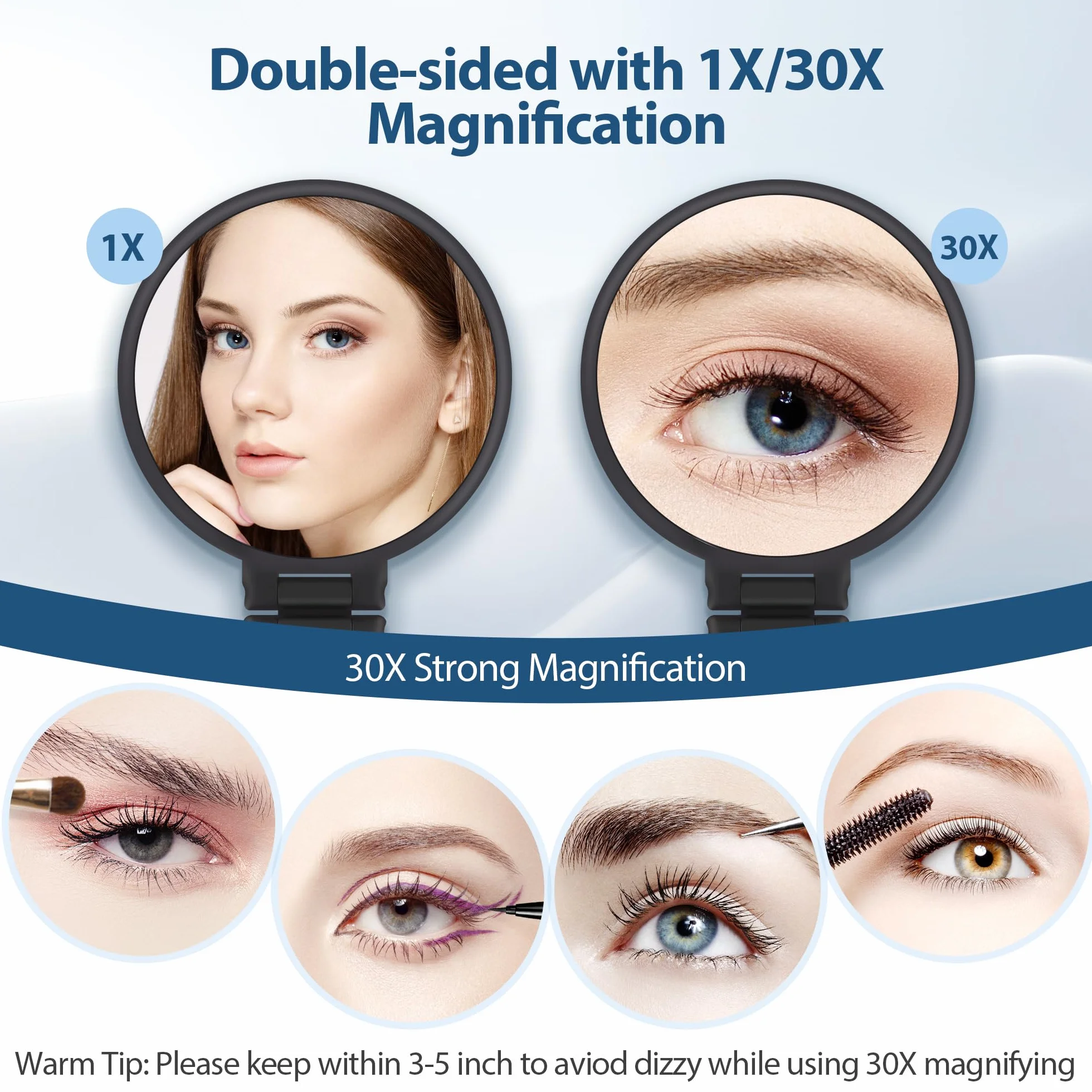 MIYADIVA Miroir grossissant 30X avec poignée - Miroir de Maquillage à Double Face (1X/30X), Pliable & Portable Noir Mat