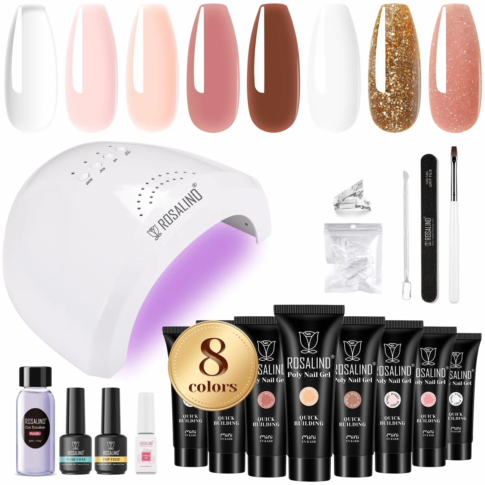 ROSALIND Poly Extension d'ongles en Gel Complet Kit, 8 Couleurs 10ml Poly Nail Gel Kit Avec 48W UV Lampe et Base&Top Coat, Nail Art DIY Kit Ongle Gel Complet pour Débutant, Professionnel et Salon