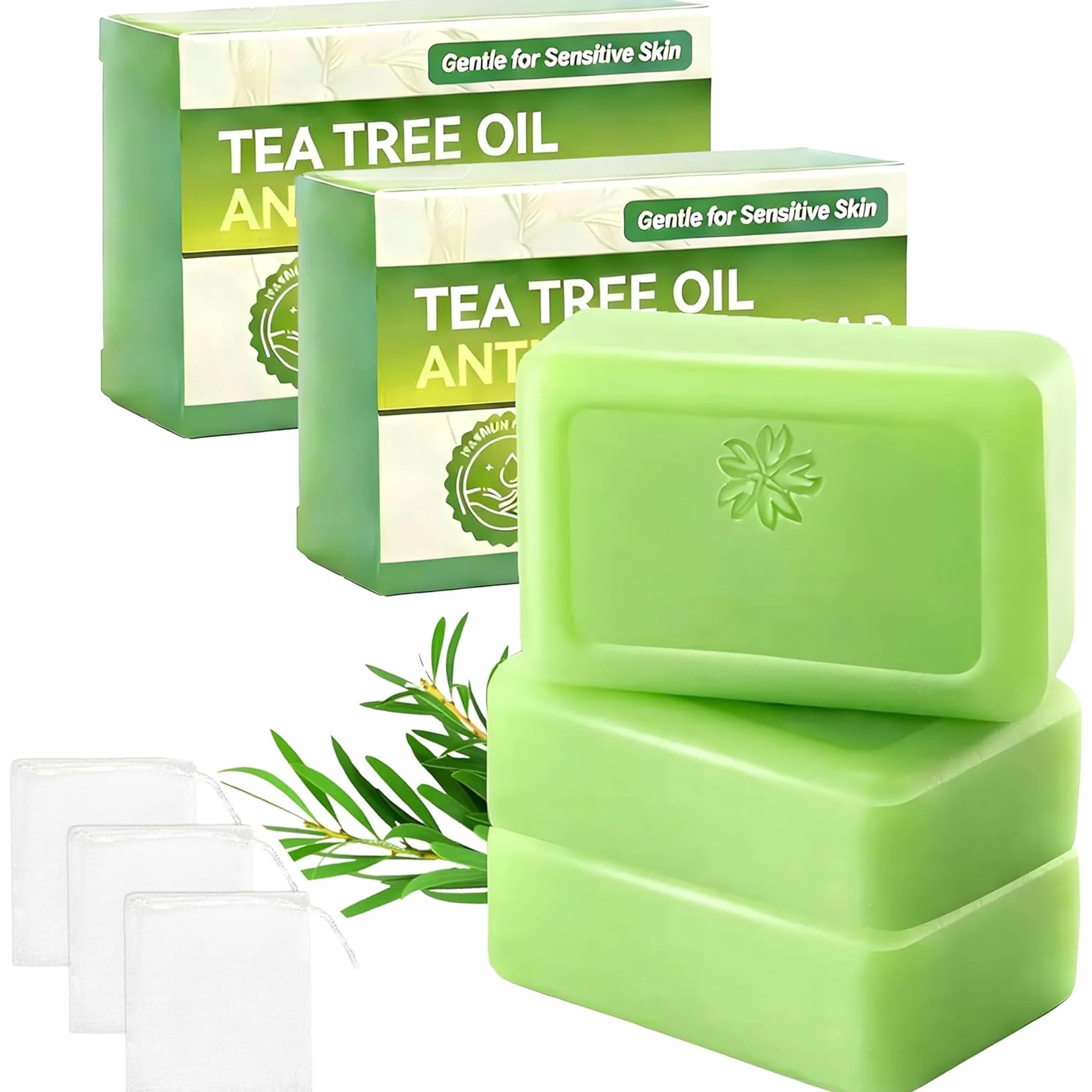 Savon à l’huile d’arbre à thé – Lot de 3, purifiant visage et corps, peaux à imperfections, nettoyage en profondeur