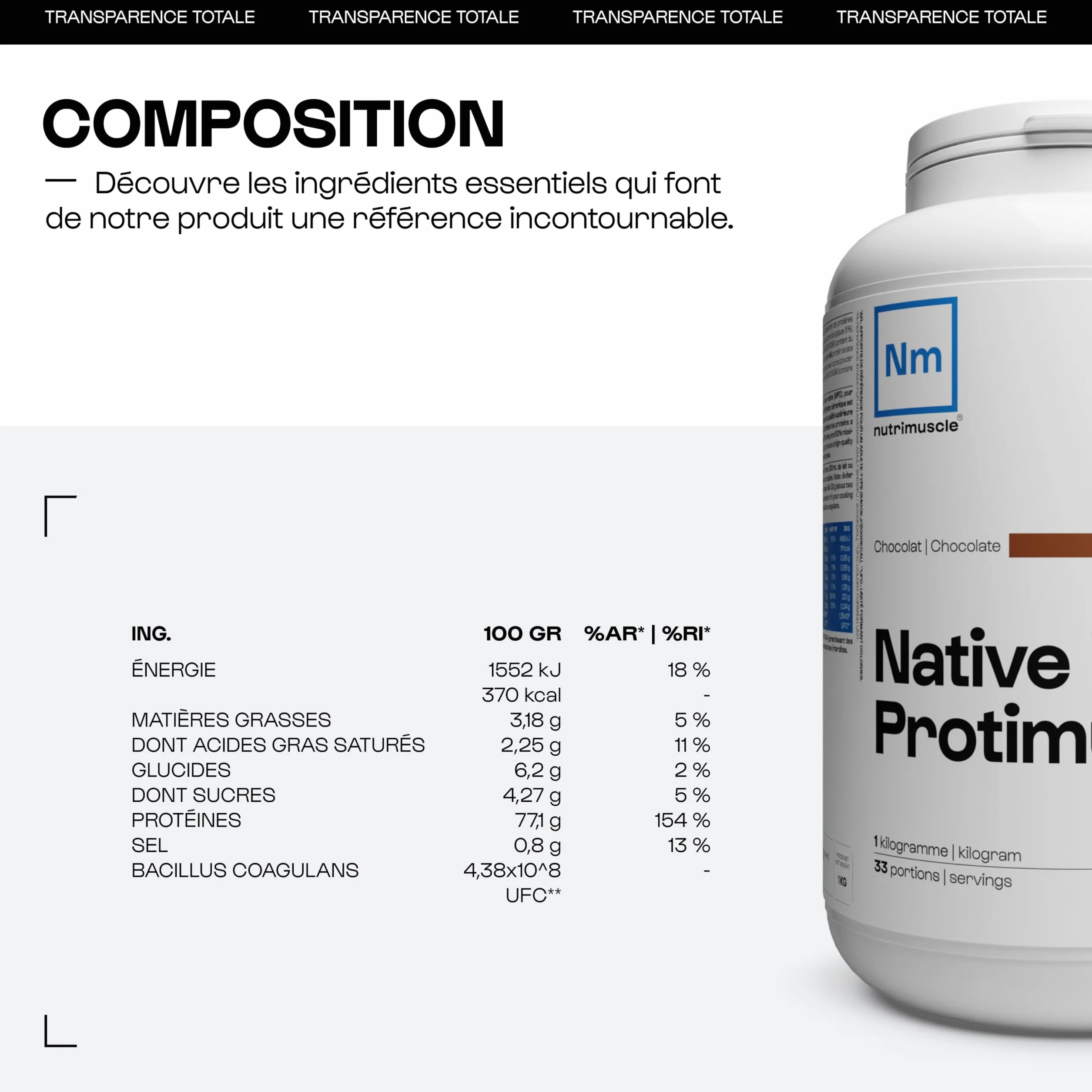 Nutrimuscle Whey Native 1 Kg Vanille Protimuscle Mix Protéine Caséine Prise de Muscle