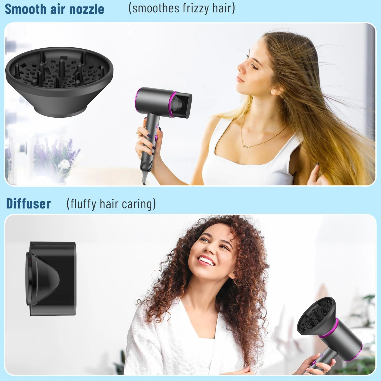 Sèche-Cheveux Professionnel IONIQUE 2400W, Moteur AC Silencieux, Séchage Rapide, 3 Températures, avec Diffuseur & Concentrateur, Léger pour Voyage, Anti-Frisottis pour Cheveux Bouclés/Fins/Épais
