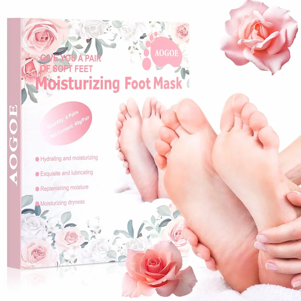 Masque Pieds Peeling Exfoliant 4 Paires Saveur Rose, Chaussette Exfoliante Hydratante pour Callosités et Pieds Secs