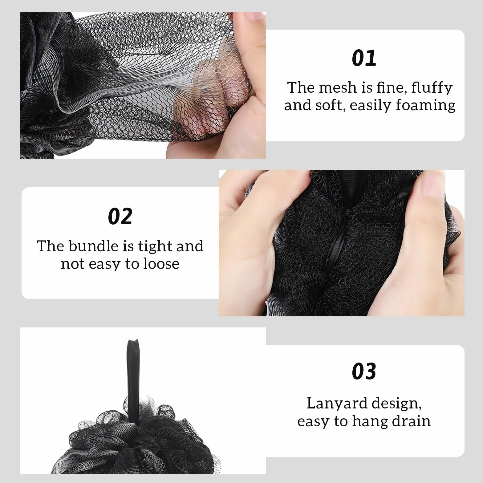Éponge Fleur de Bain Noir, 2 Pièces, Exfolier Nettoyer Peau, Accessoires Douche