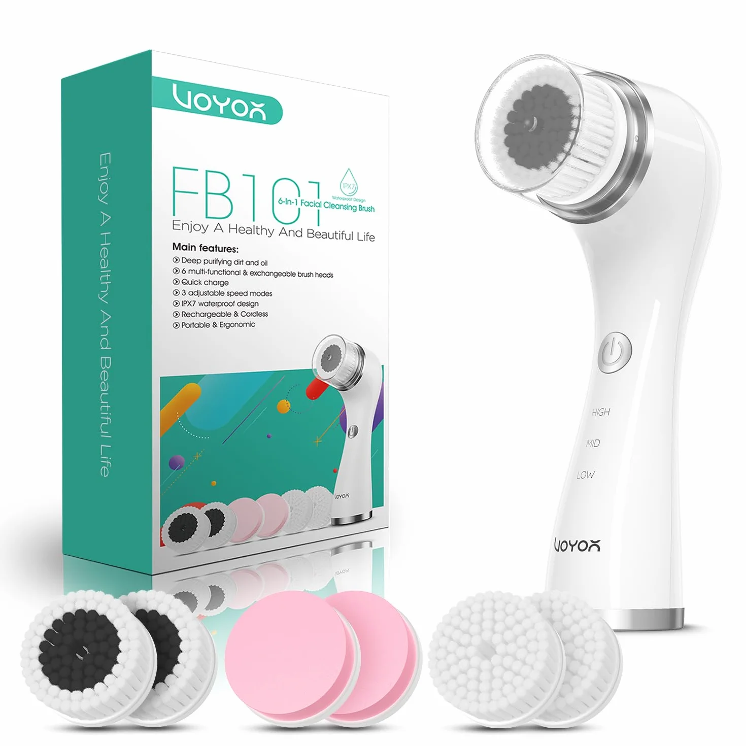 VOYOR Brosse Nettoyante Visage Rechargeable 3 Réglages de Vitesse Brosse Visage pour un Nettoyage en Profondeur du Visageet et une Exfoliation, 6 en 1 Imperméable Brosse Électrique Visage FB101