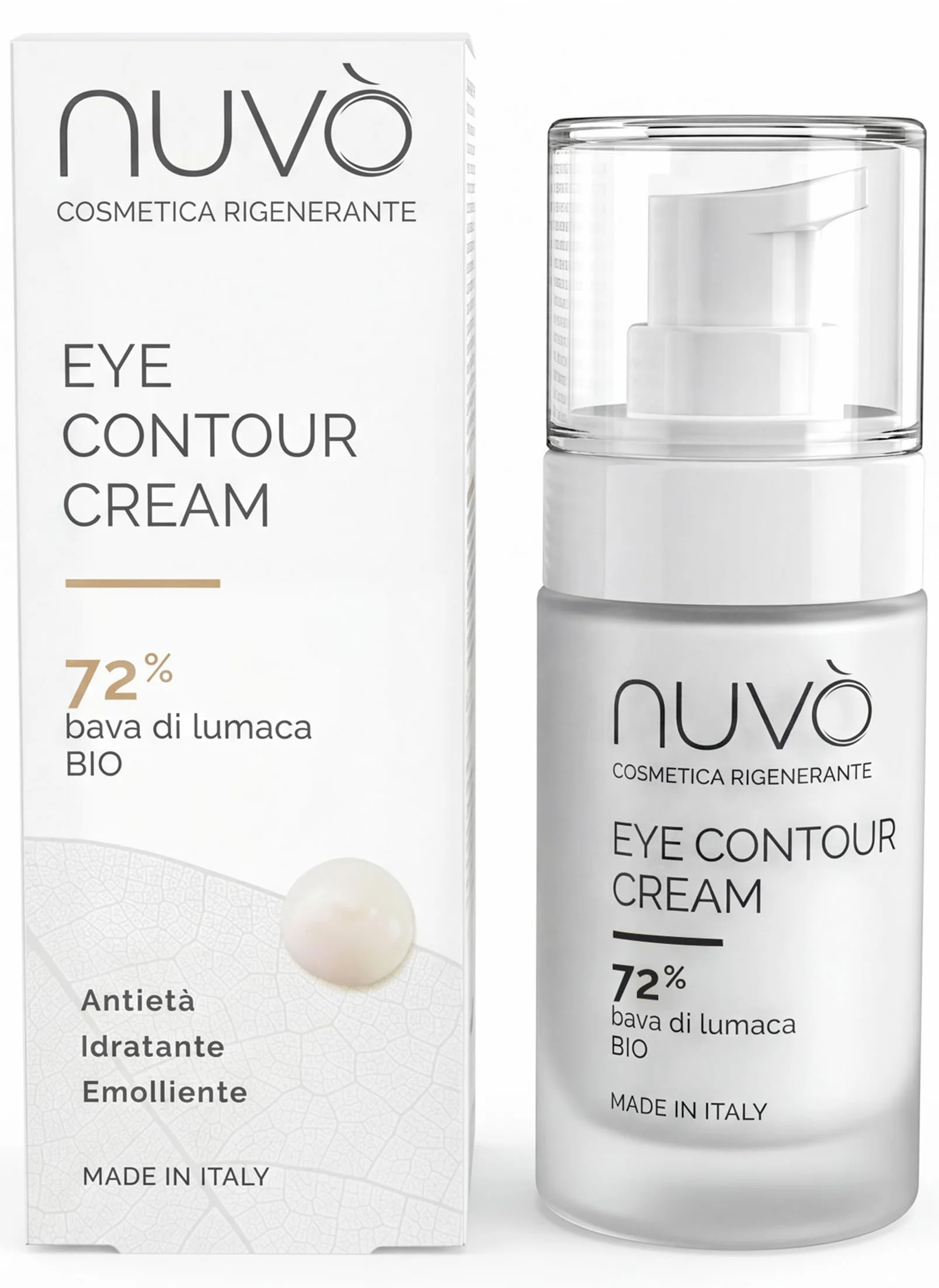 Nuvò – Crème Contour des Yeux, 30 ml, Idéale pour Poches et Cernes, Effet Anti-Âge, avec 72% Bave d'Escargot Bio, Acide Hyaluronique et Panthénol, Soin Hydratant Homme et Femme, Made in Italy