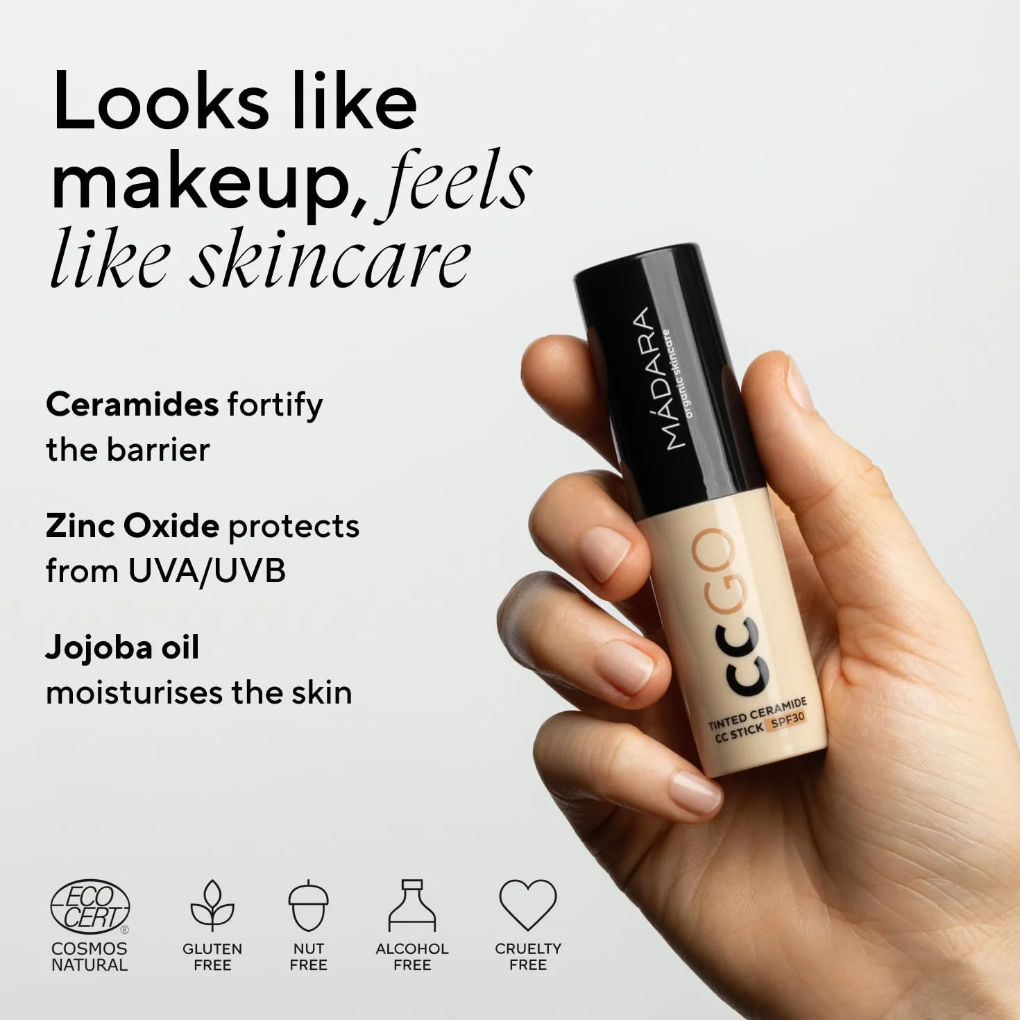 MÁDARA CC GO Bâton de fond de teint 3 en 1 en céramique teintée CC SPF30 True Beige Protection solaire minérale Correction des couleurs