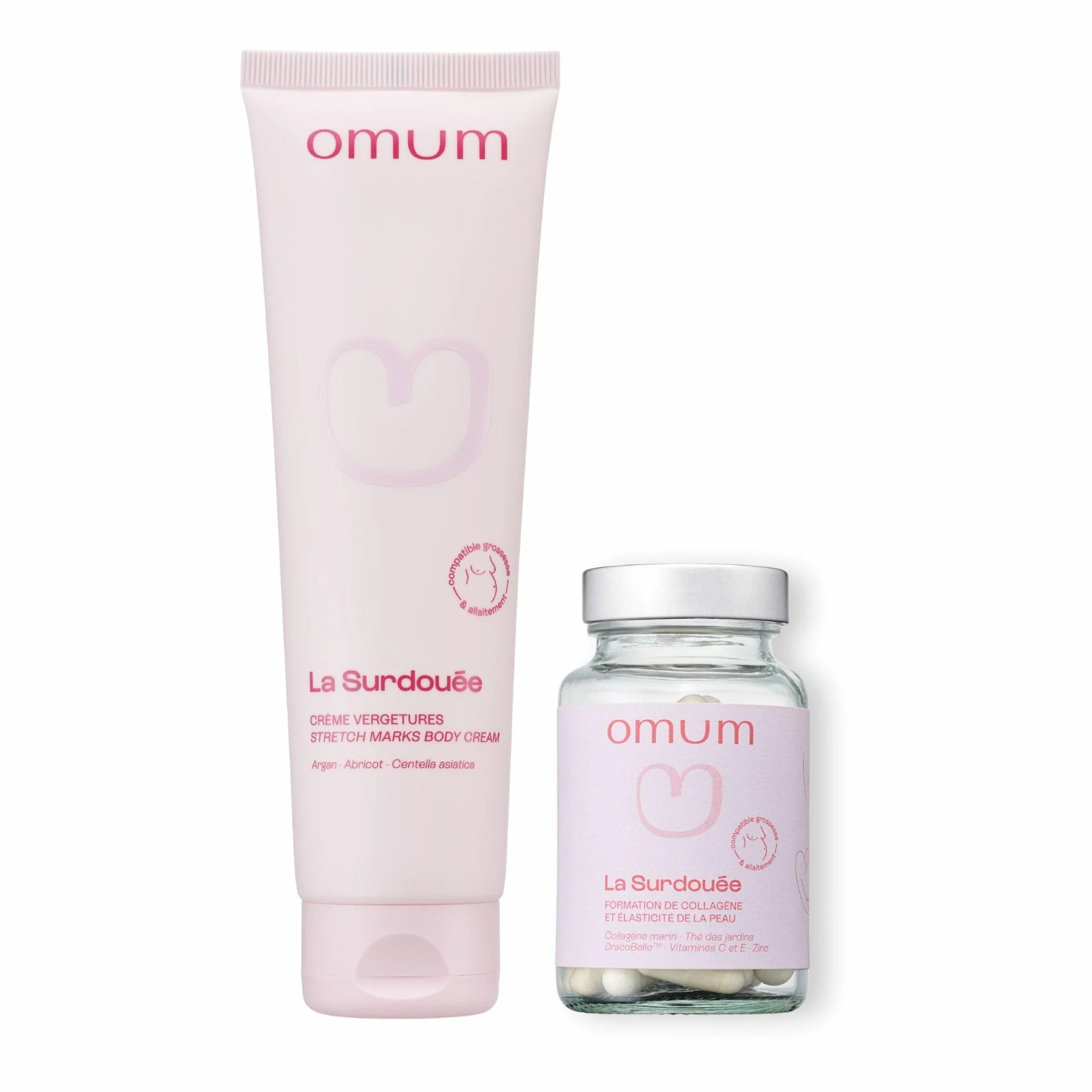 OMUM - Duo In&Out Vergetures - La Surdouée huile + La Surdouée complément alimentaire - Traitement vergetures, peau souple et élastique - Pour les futures mamans et femmes allaitantes - Vegan