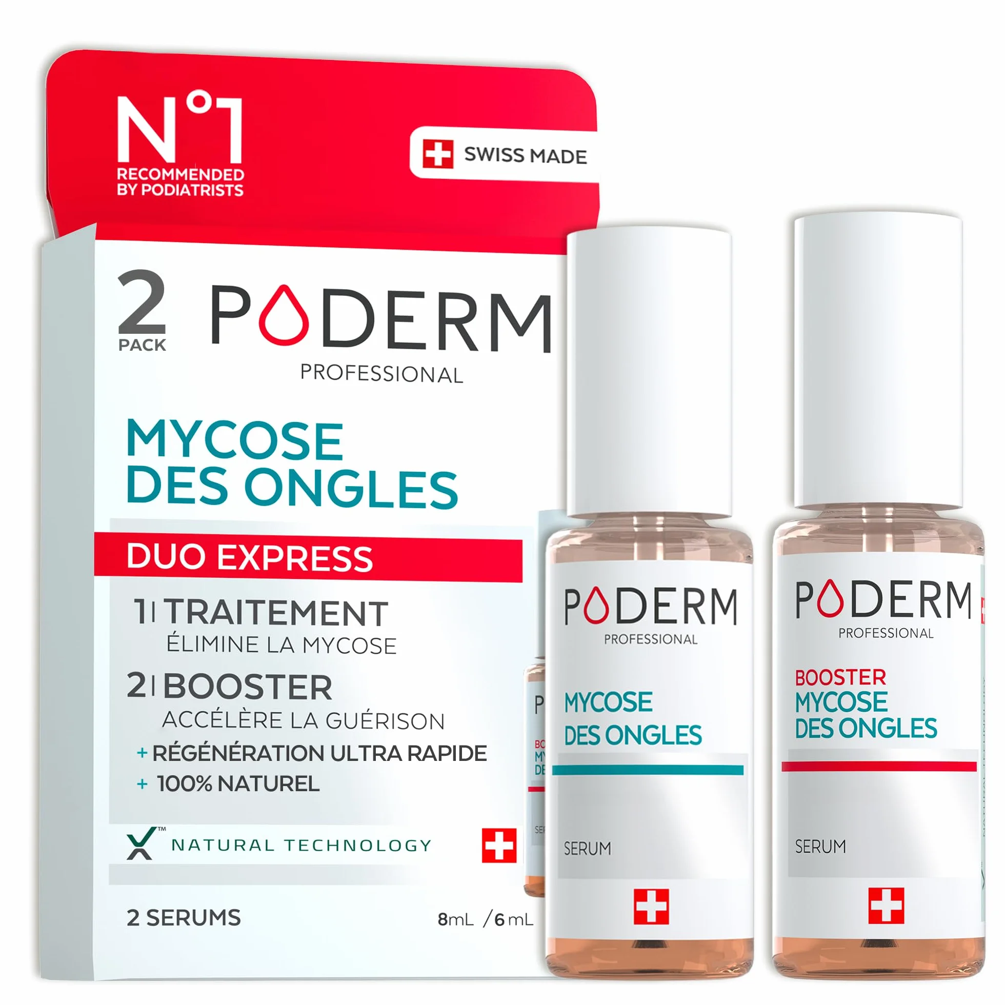 PODERM 2en1 Traitement Mycose Ongles des Pieds Pack Duo Sérum Booster Soin Puissant Rapide Ongles Jaunes Cassants Abîmés 100% Naturel Podologue Suisse