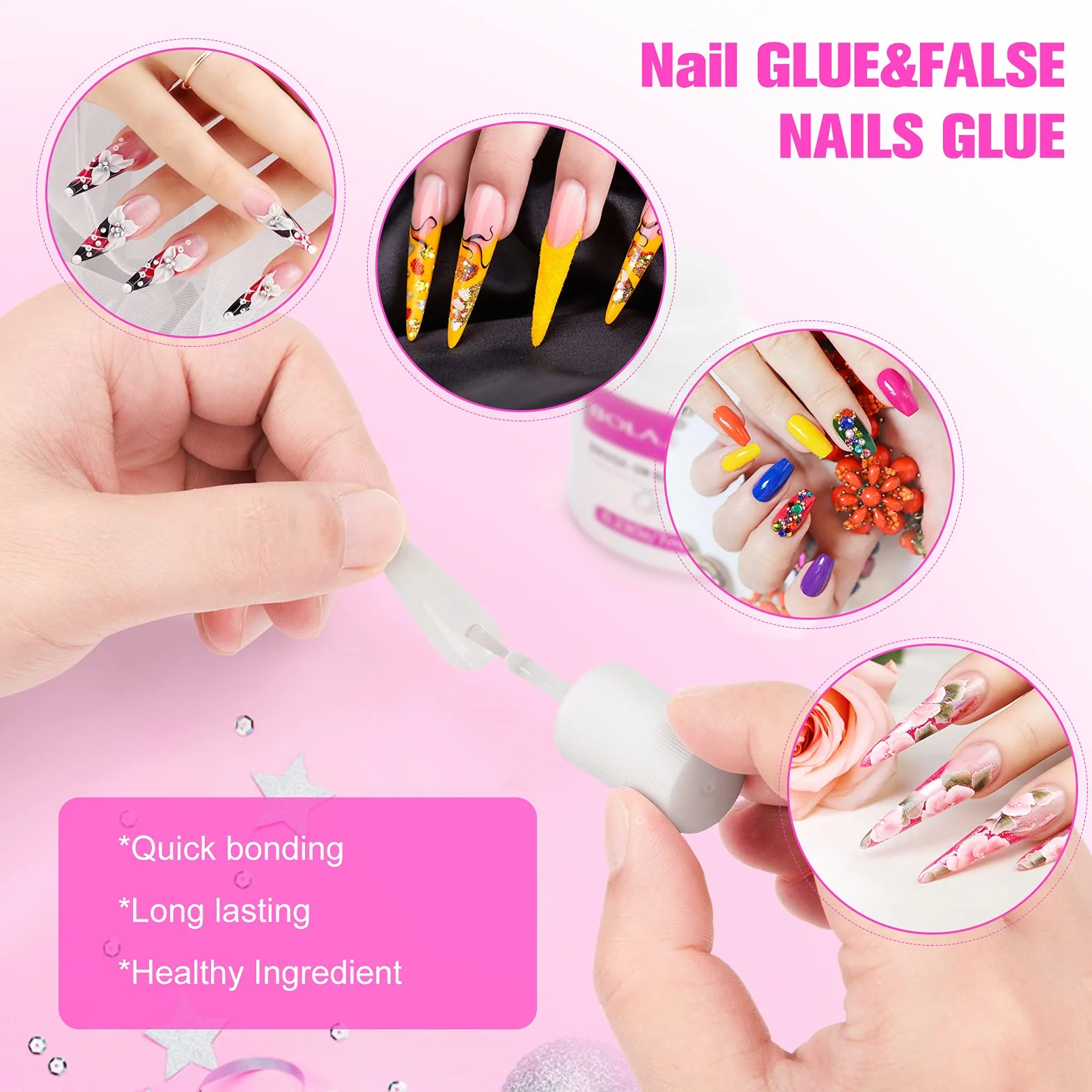 BOLASEN Colle à ongles acrylique super forte avec pinceau 4 x 7 ml