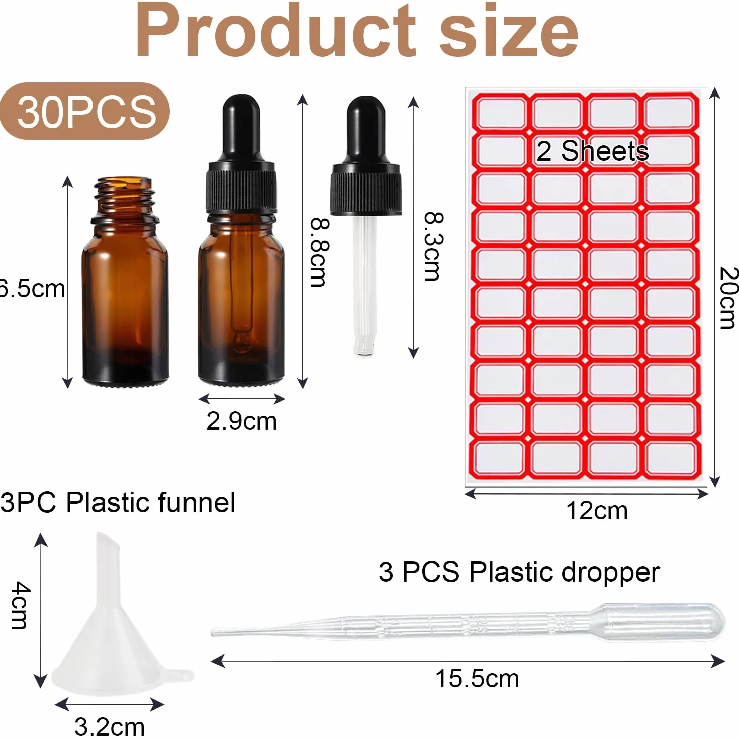 Lot de 30 flacons compte-gouttes en verre ambré de 15 ml pour huiles essentielles, parfums, liquides, laboratoires de chimie