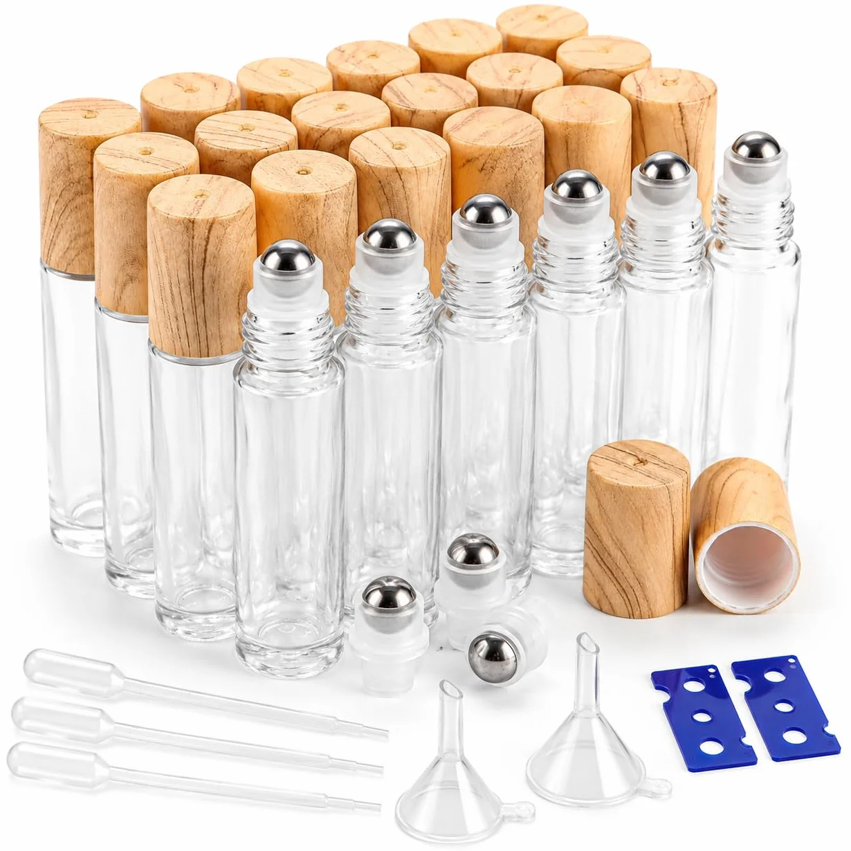 CYEER 24 Flacons Roll On Vide 10ml, Bouteilles en Verre Transparent avec Billes en Acier Inox et Bouchons Aspect Bois, Kit DIY pour Huiles Essentielles, Parfum, Aromathérapie et Voyage