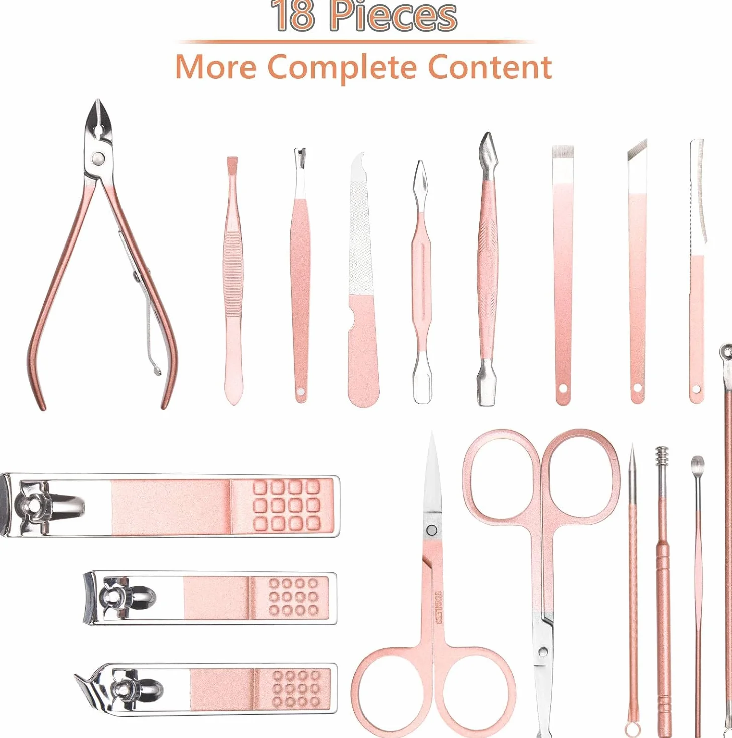Kit Manucure Pédicure Professionnel 18 Pièces, Coupe-Ongles en Acier Inoxydable avec Boîte de Voyage (Or Rose)