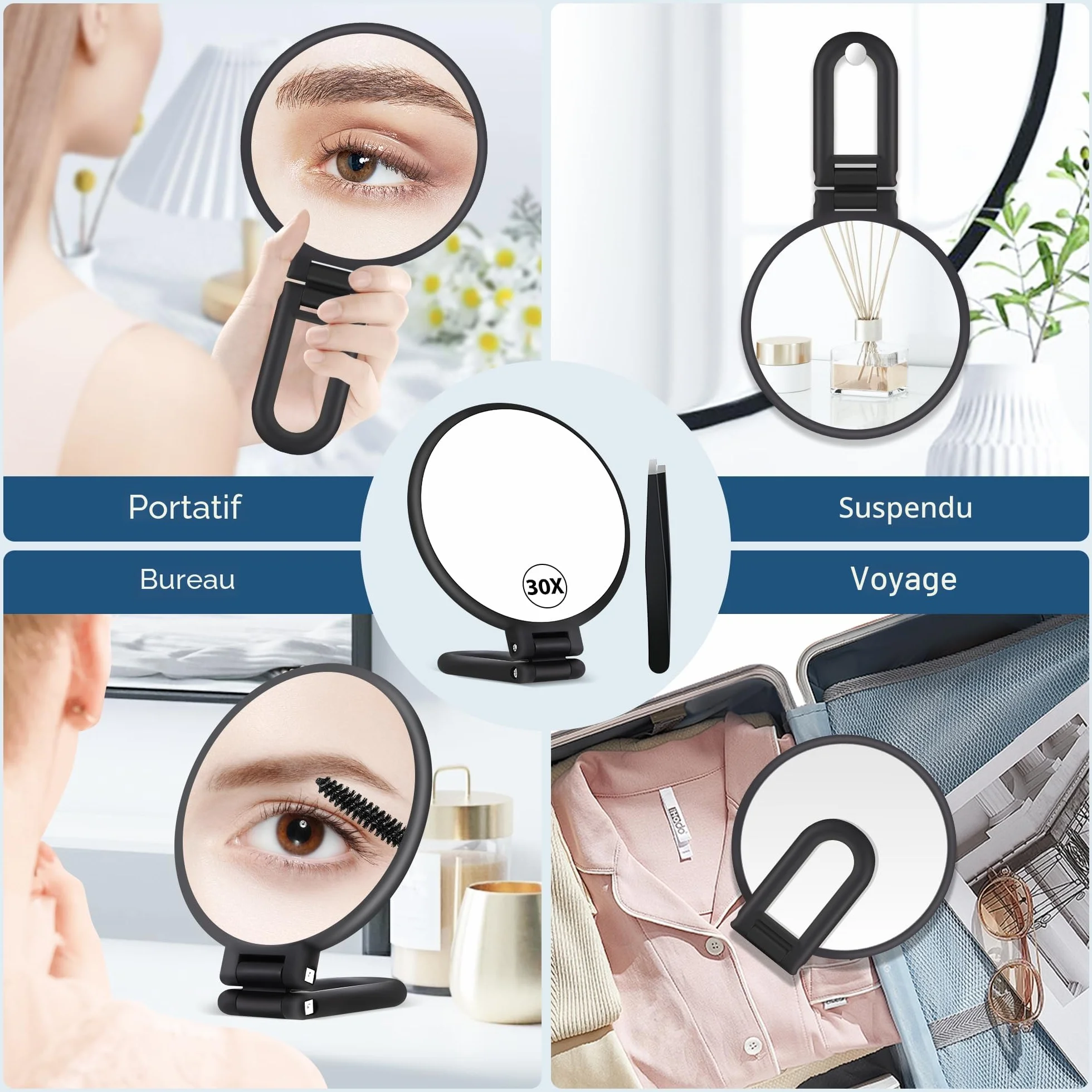 MIYADIVA Miroir grossissant 30X avec poignée - Miroir de Maquillage à Double Face (1X/30X), Pliable & Portable Noir Mat
