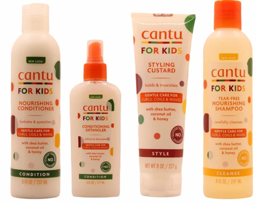 Cantu Lot de 4 soins capillaires doux - enfant/cheveux bouclés - shampoing/après-shampoing/démêlant/gel coiffant