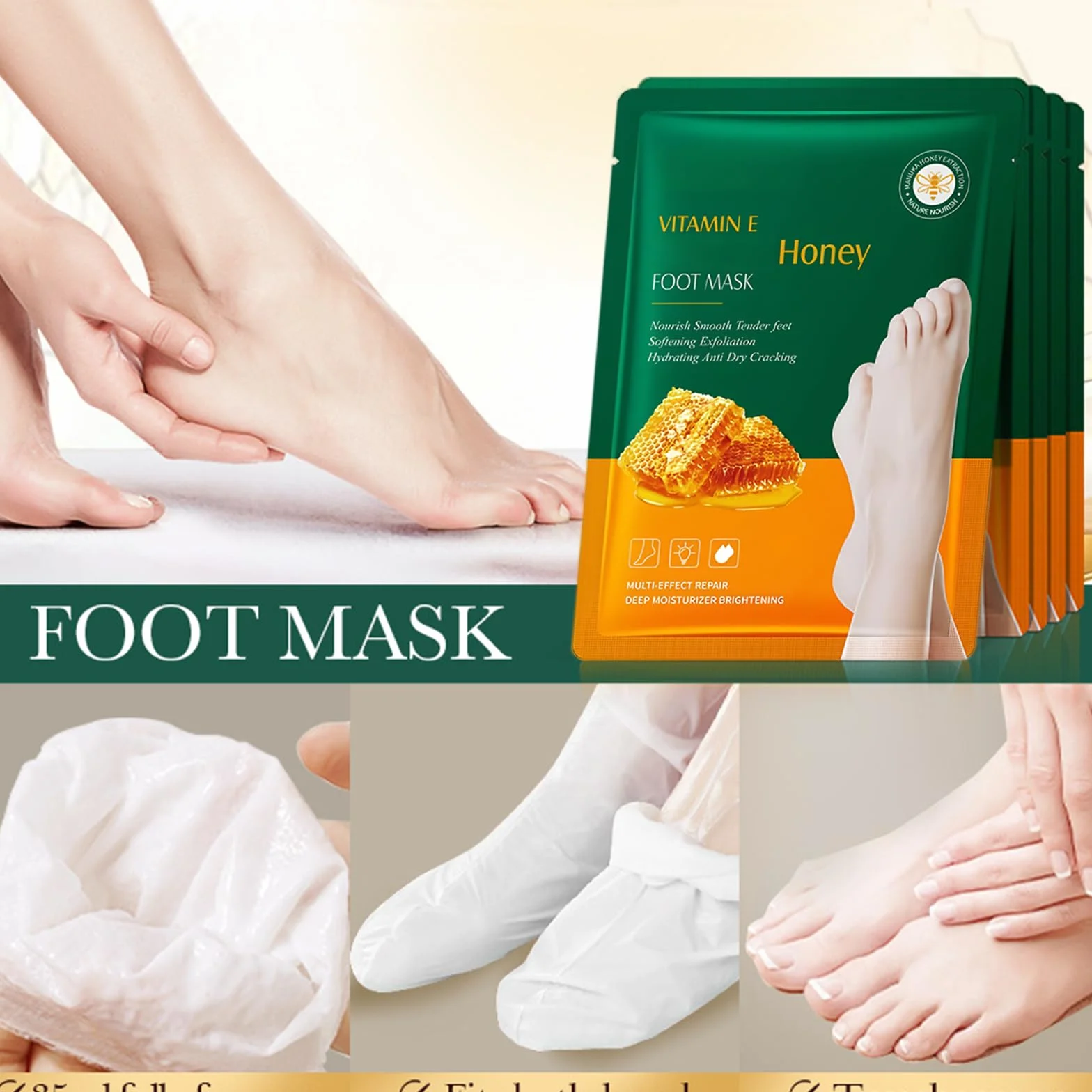 Masques pour les mains et les pieds au miel, soin intensif peau sèche, 6 paires