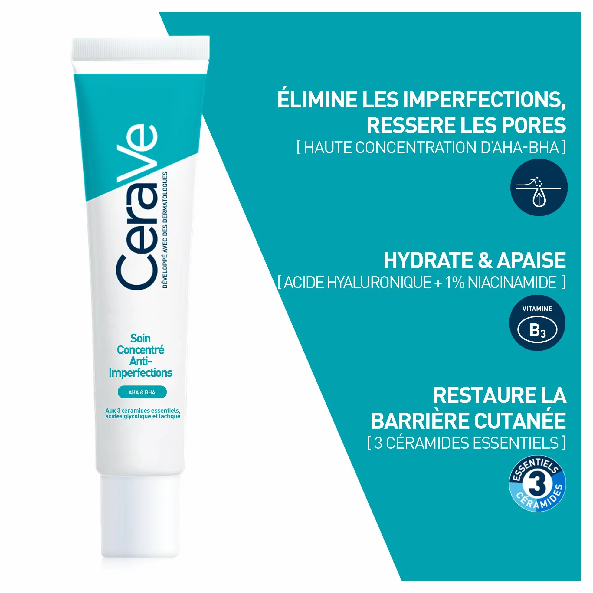 CeraVe Soin Concentré Anti-Imperfection AHA-BHA Acide Hyaluronique 3 Céramides Peau Acnéique 40 ml