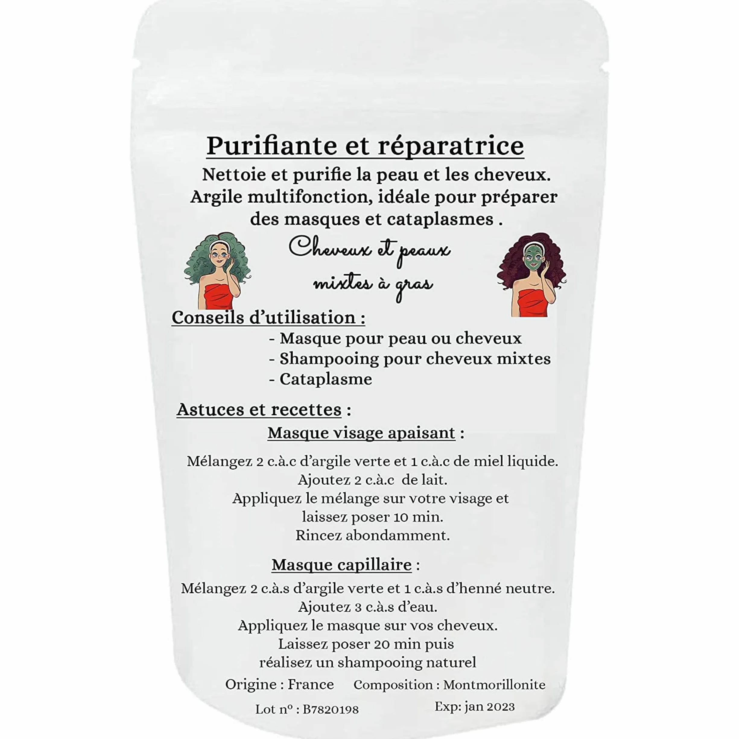 Argile verte montmorillonite ECO-CERT pinceau silicone nettoie pores hydrate adoucit peau détoxifie cheveux