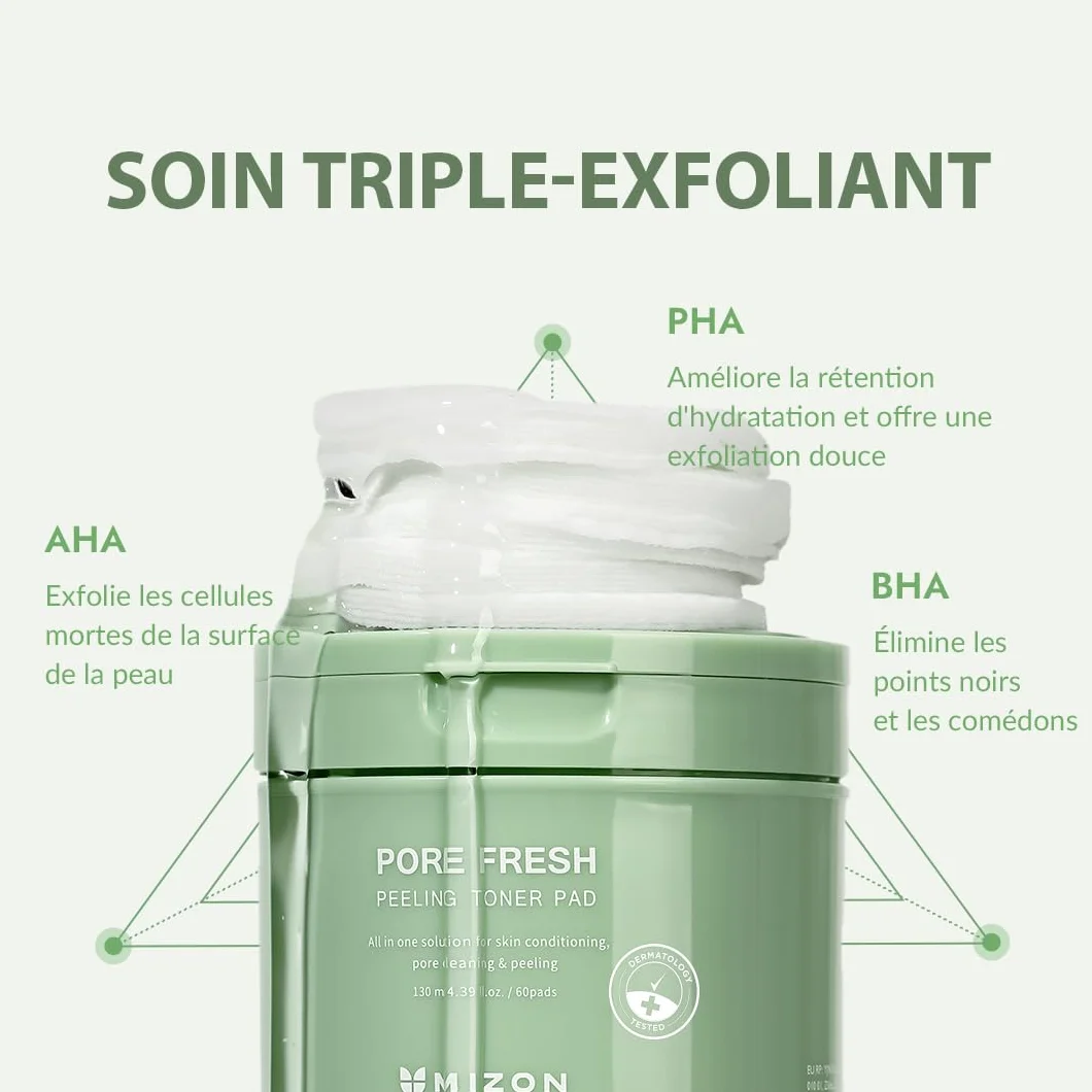 MIZON PORE FRESH PEELING TONER PAD (x60) AHA BHA PHA Soin coréen Exfoliant Apaisant Rétrécit les pores Peaux sensibles