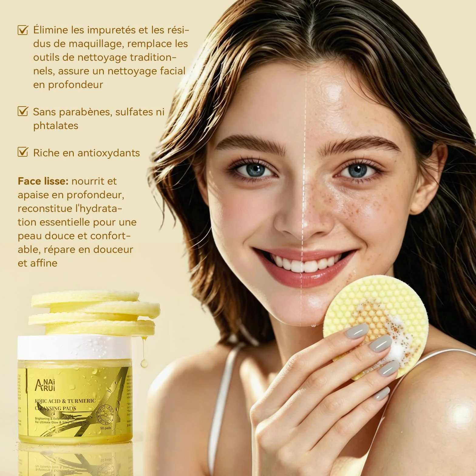 ANAiRUi Tampons Nettoyants Exfoliants Acide Kojique Curcuma Niacinamide Acide Salicylique Traitement Facial Nettoyant Profondeur Réduction Acné Sébum 50 Pièces