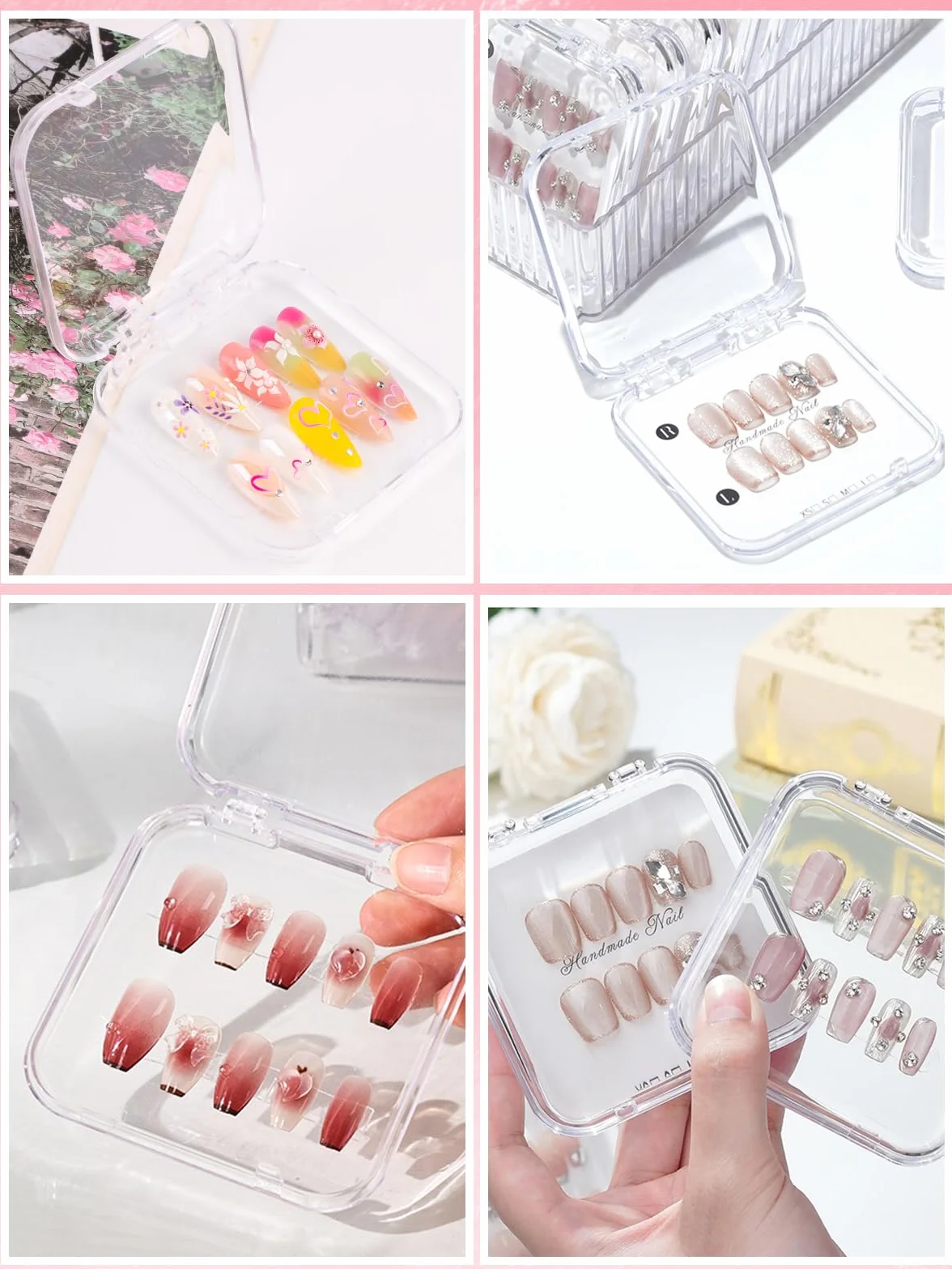 24 pièces Ensemble Boîtes Rangement pour Ongles, Kalolary Boîte Rangement Transparente Faux Ongles avec 4 feuilles Ruban Adhésif Double Face Amélioré Présentoir Transparent Faux Ongles Presser Salon