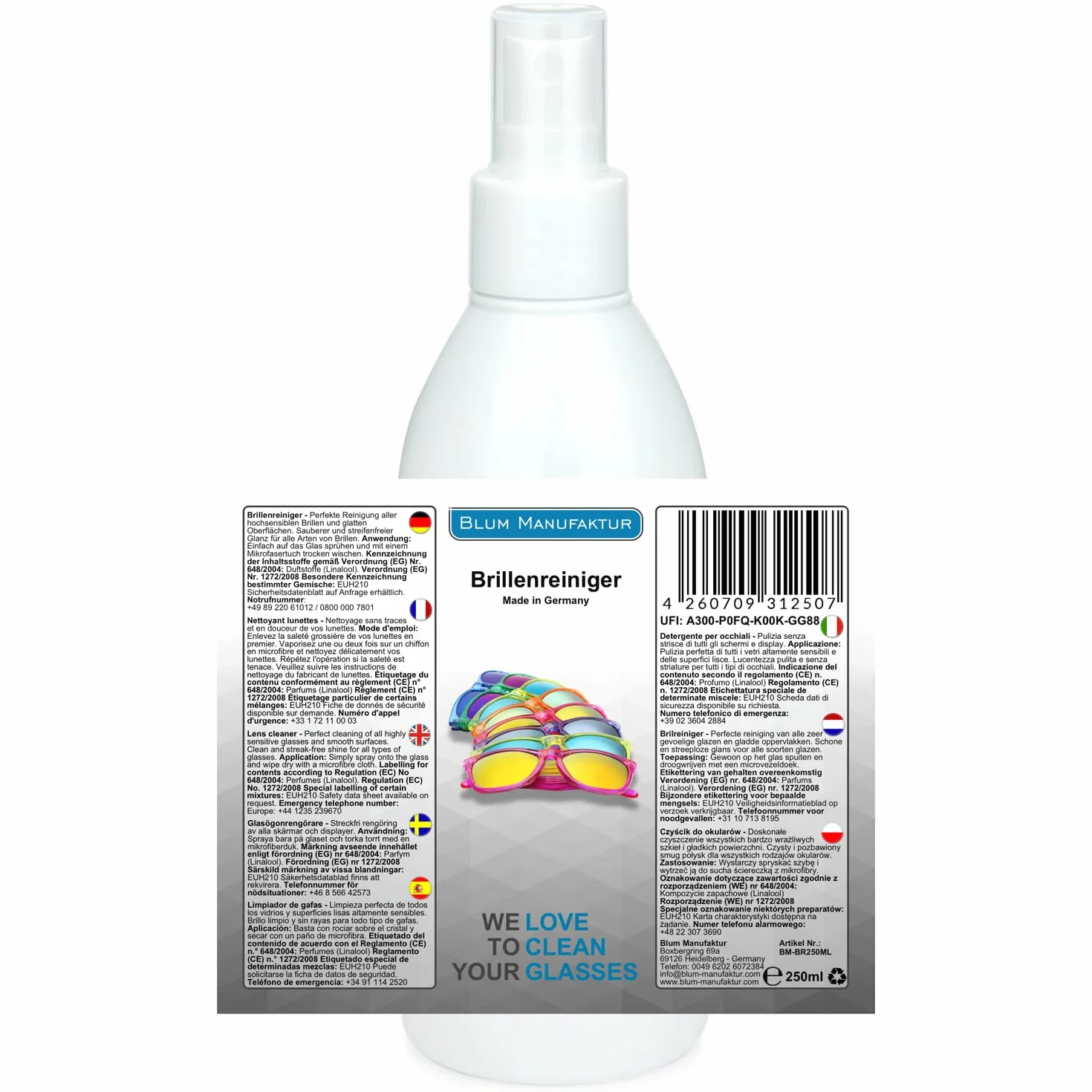 Blum Manufaktur Nettoyant pour lunettes spray 250 ml avec chiffon microfibre 30 x 30 cm