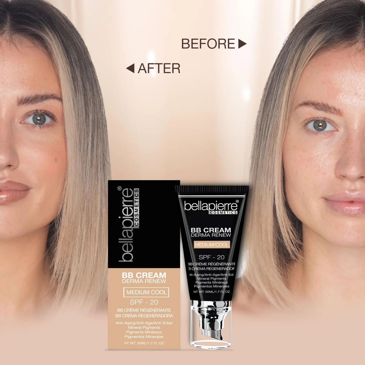 Bellapierre BB Crème SPF 20 | Correcteur, fond de teint et hydratant | Non toxique et sans paraben | Applicateur à pompe – 50 grammes - Medium Cool