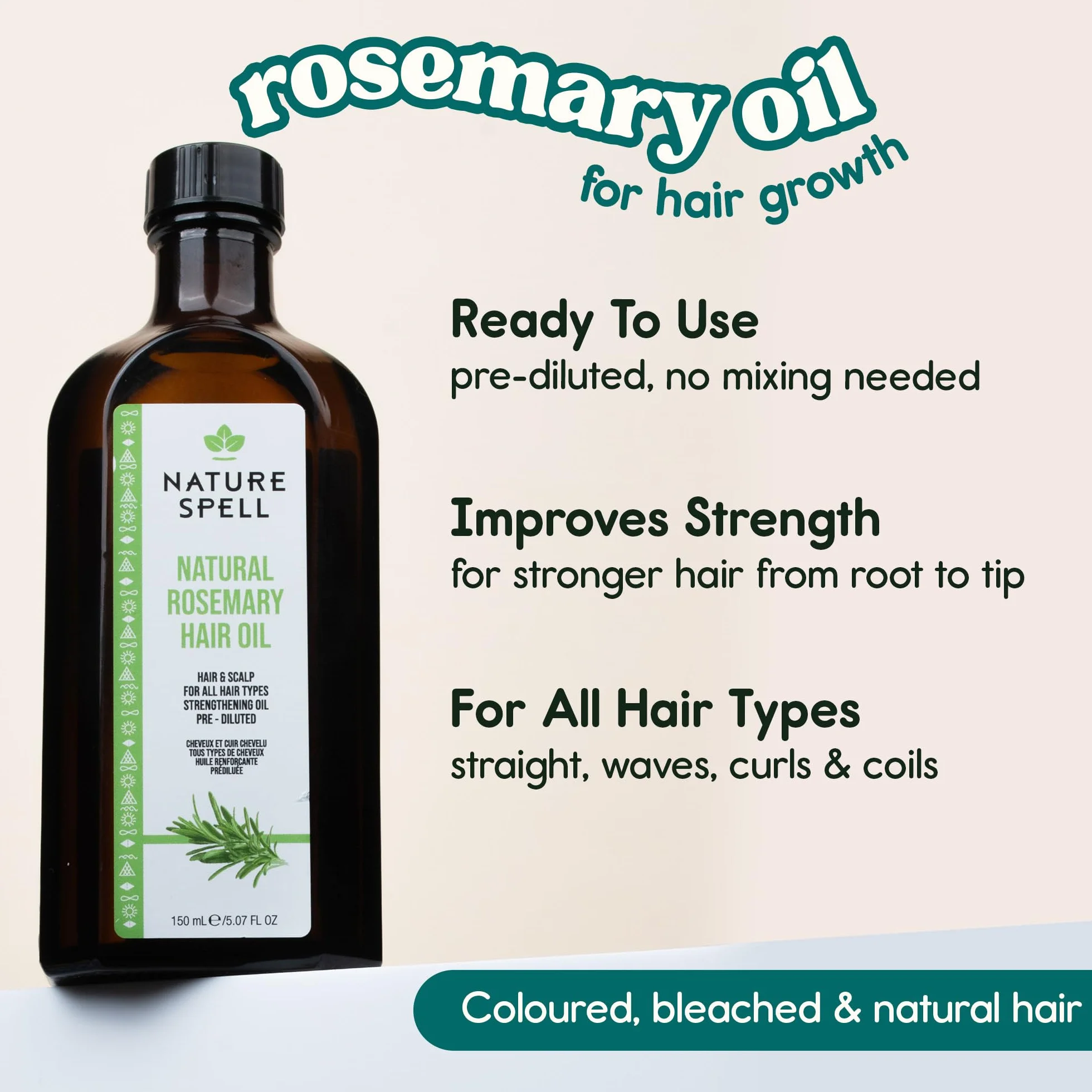 Nature Spell Trio Croissance Cheveux, Huile de Romarin Pré-diluée, Shampooing et Après-Shampooing Hydratants, Soin Cuir Chevelu, Sans Sulfate, Vegan
