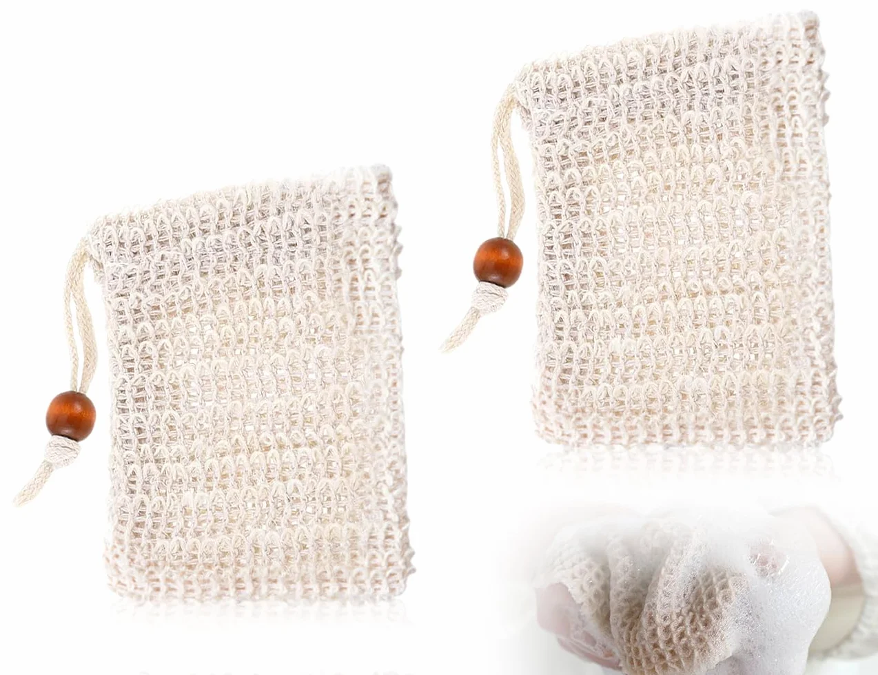Sachets Moussants en Ramie avec Cordon - Savon Solide - Exfoliation Douche Massage - Usage Domestique Voyage