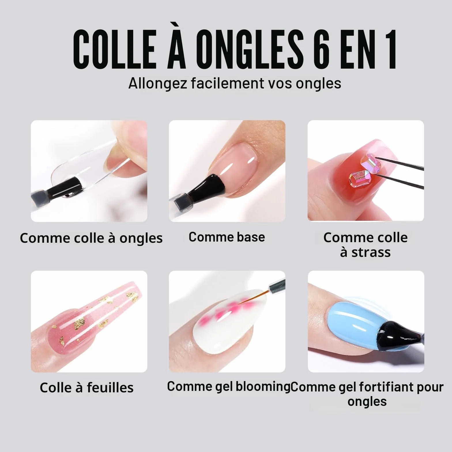 TOMICCA Colle à Faux Ongles Extra Forte 6 en 1 Gummy Base Pose Americaine 8ML