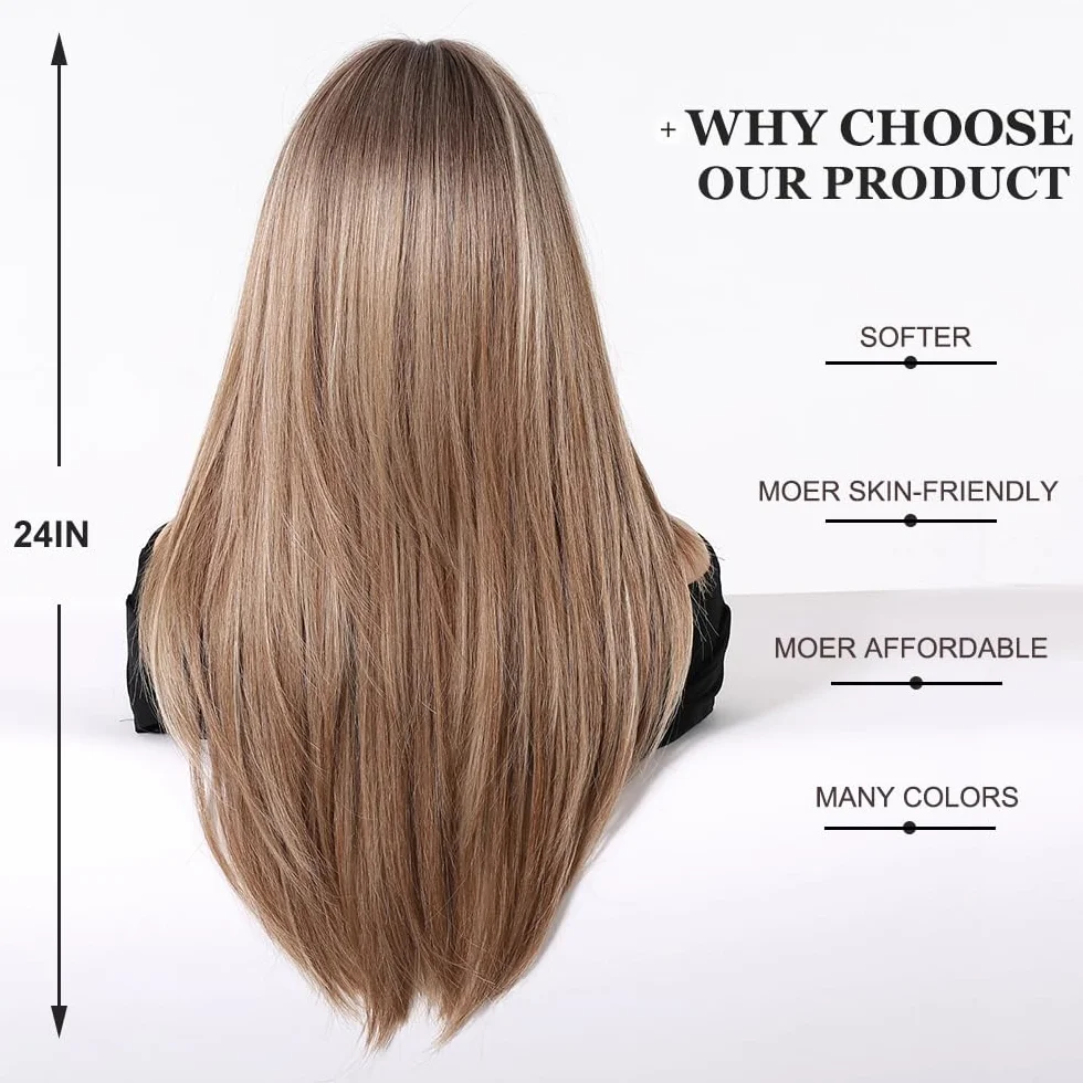 Esmee Perruque Blond Cendré Longue et Droite pour Femmes Perruque à Frange en Cheveux Synthétiques pour Soirée Cosplay Quotidienne