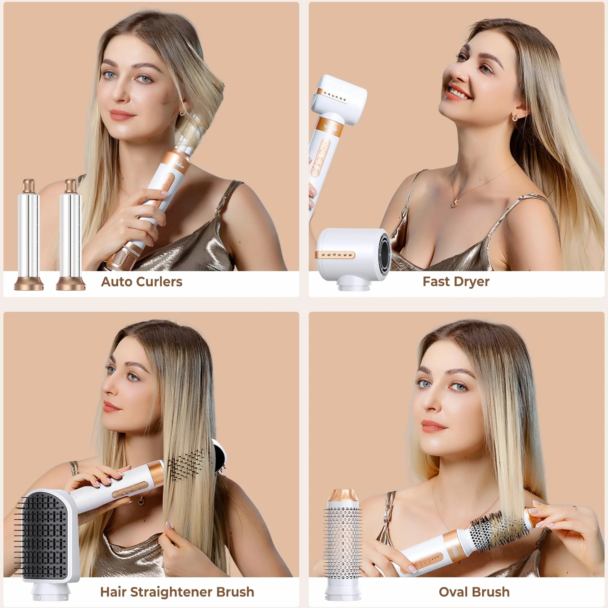 UKLISS Sèche Cheveux Air Styler Pro 7 en 1 1400W Professionnel Boucleur Automatique Fer Lisser Brosse Soufflante Blanc