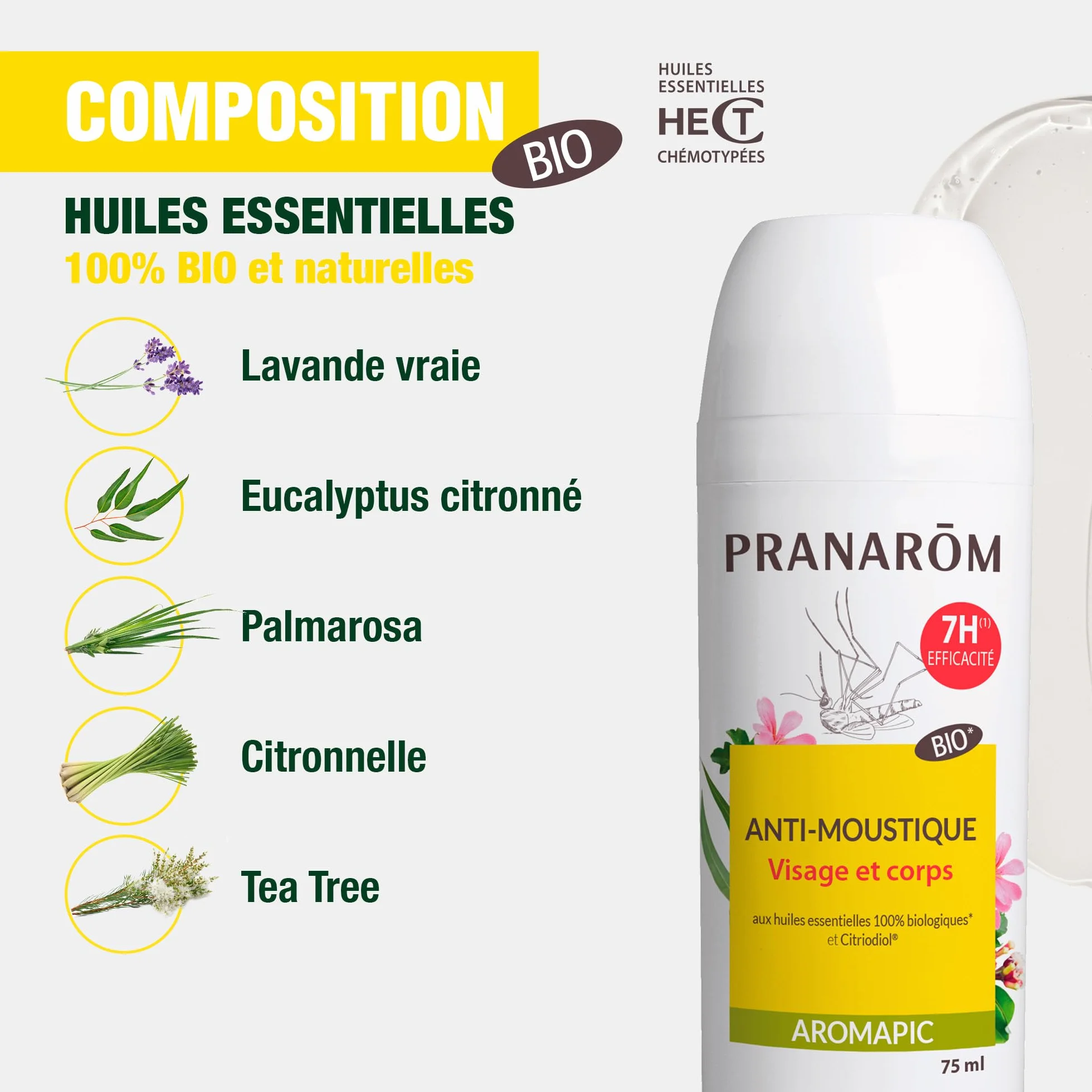 Pranarôm Roller Anti-Moustiques Bio 75 ml Huiles Essentielles Aromapic