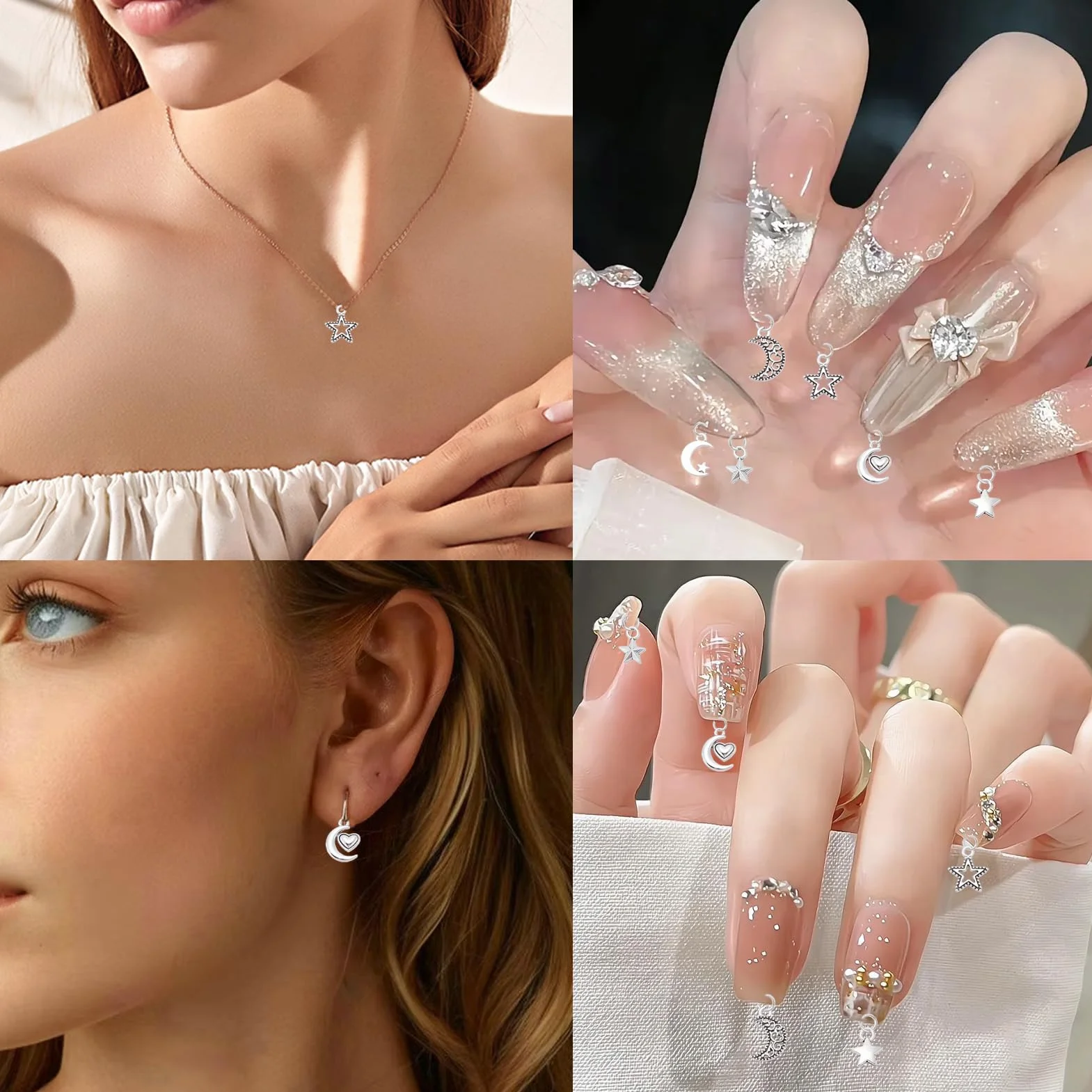 NICENEEDED Breloque Pendante Nail Art 3D Étoile Lune Argentée Anneaux Ongles Alliage Argenté avec Outil Perçage Décoration Artistique