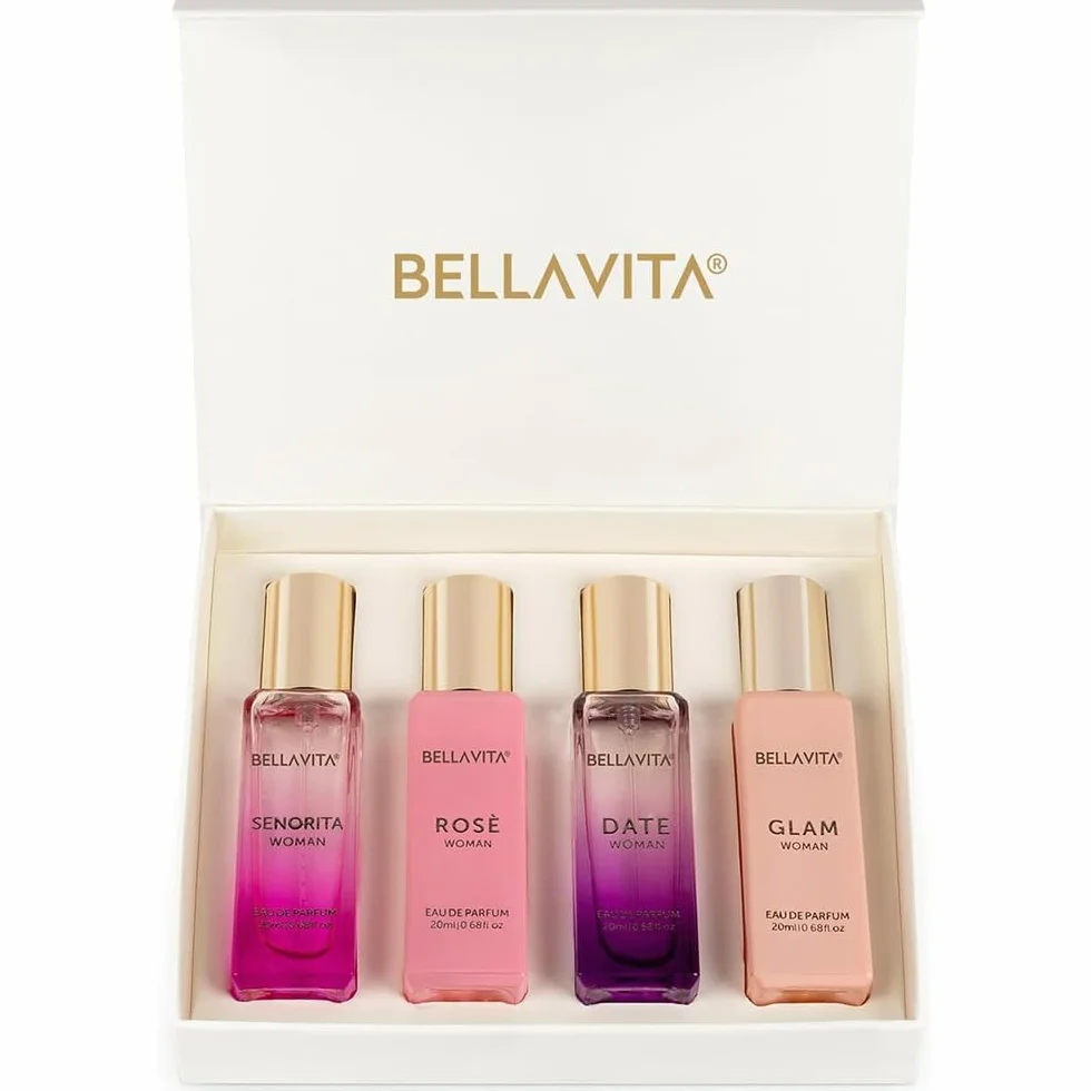 Bellavita Coffret cadeau de luxe pour femme avec date, senorita, glamour et rose | Coffret cadeau (4 x 20 ml) | Parfum pour femme | Choix de cadeau pour anniversaire et anniversaire de mariage
