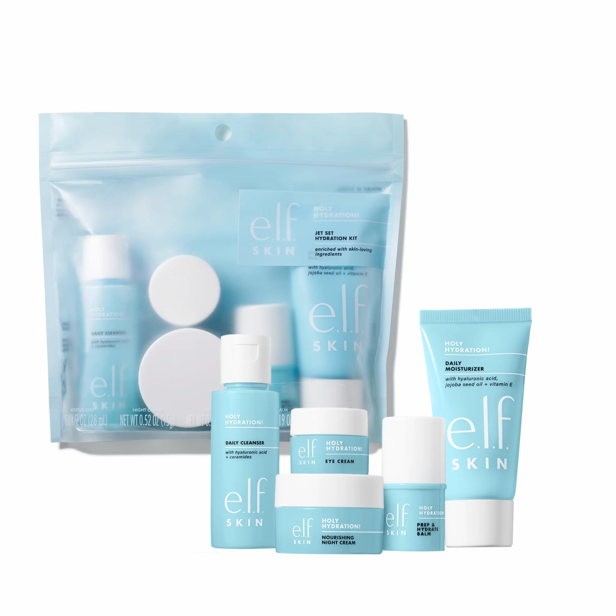 e.l.f. Kit d'hydratation Jet Set de voyage pour la peau avec nettoyant, baume, crème hydratante, crème contour des yeux et crème de nuit