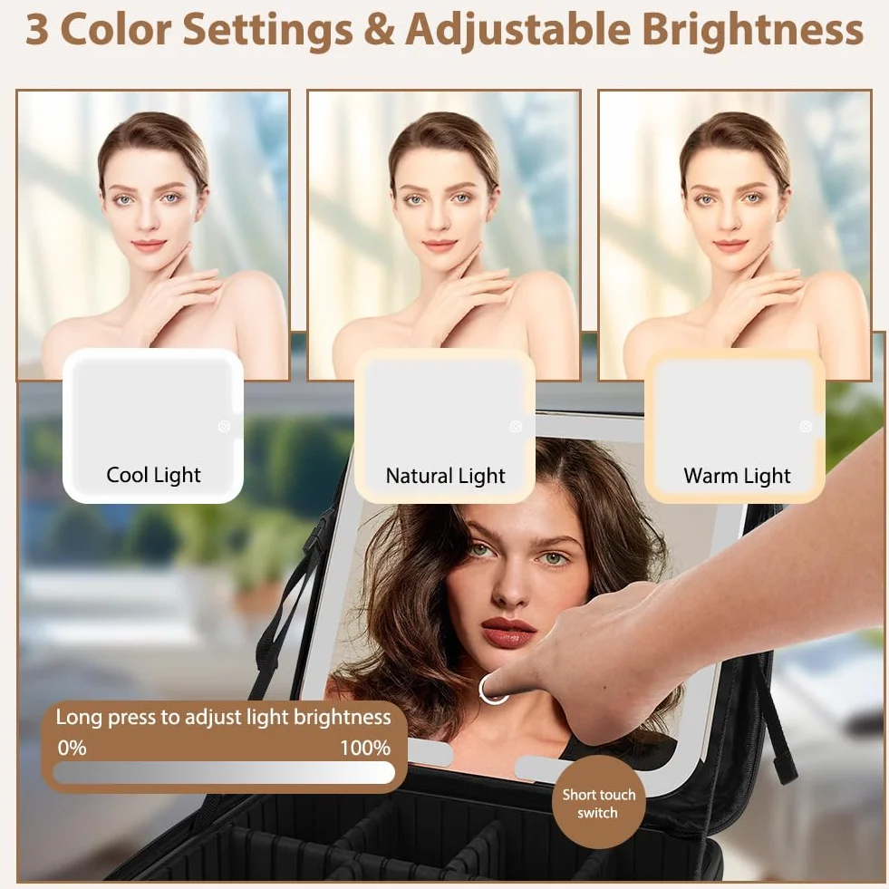 Trousse de Maquillage avec Miroir Lumière LED 3 Couleurs, Séparateurs Réglables, Voyage Portable Grande Capacité, Noir