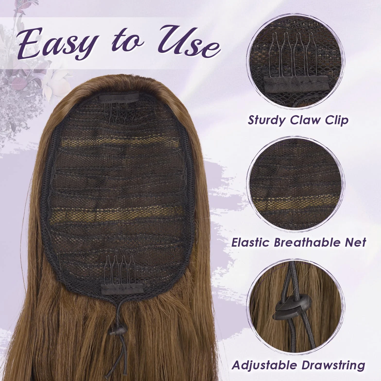 FESHFEN Extension Queue de Cheval avec Cordon, Naturel Ponytail Extensions de Cheveux Ondulées Synthétiques Blond Miel Mélangé Brun Clair Postiche Bouclés pour Femmese, 50 cm