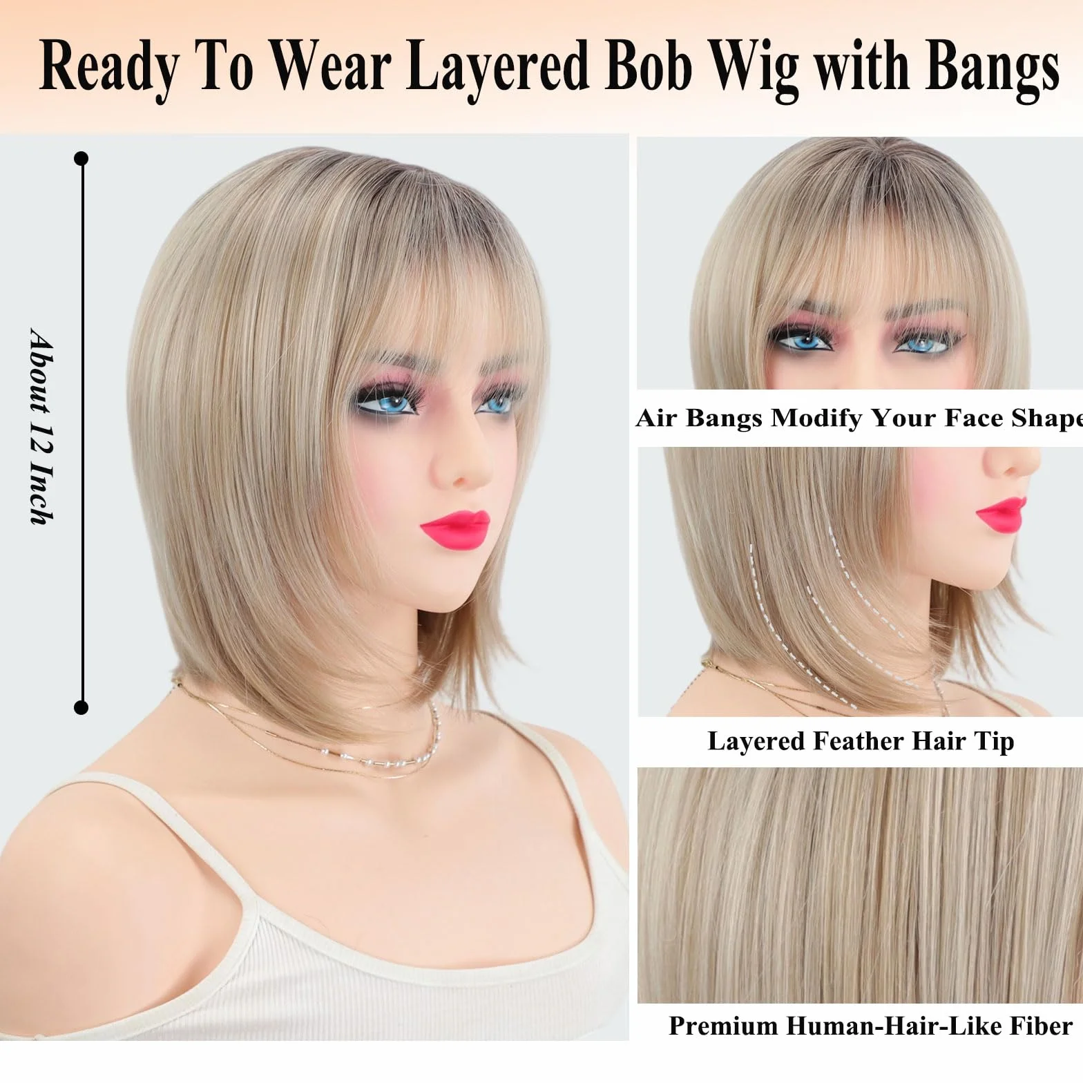 Perruque Femme Naturelle Perruque Bob Dégradée Court avec Frange Volume et Style pour Quinquagénaires Grand-mère Couvre Cheveux Blancs Perruques Synthétique Naturels Blond Clair Ombré