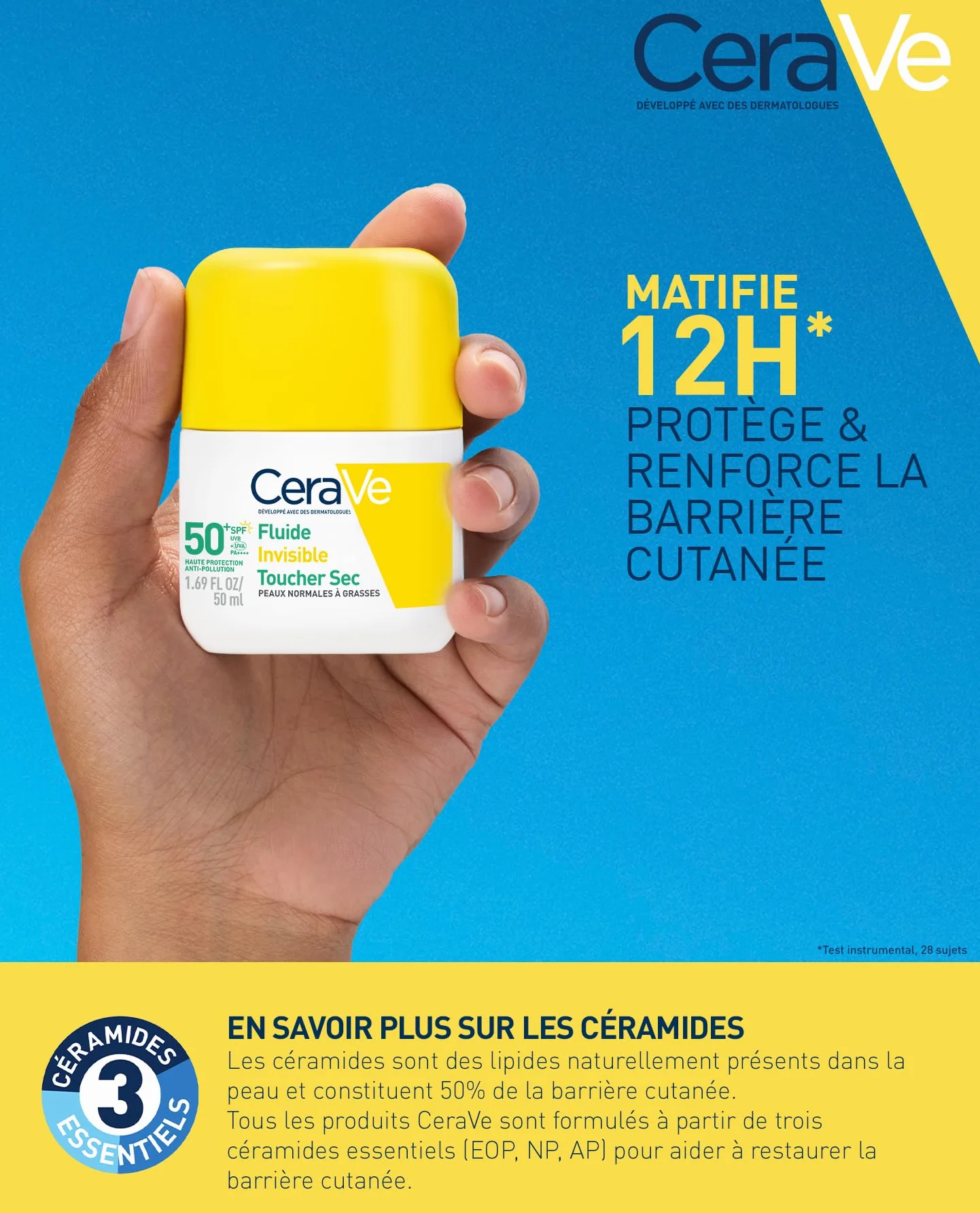 CeraVe Fluide Invisible SPF 50+ Très Haute Protection Solaire Visage Peaux Normales à Grasses Matifiant 12H Base Maquillage Niacinamide Vitamine E