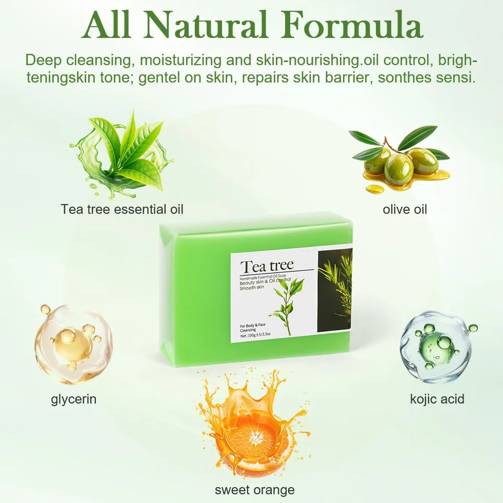 Savon Tea Tree Lot de 3, Savon à l’huile d’Arbre à Thé, Savon Visage & Corps, Naturel Artisanal, 3x100g