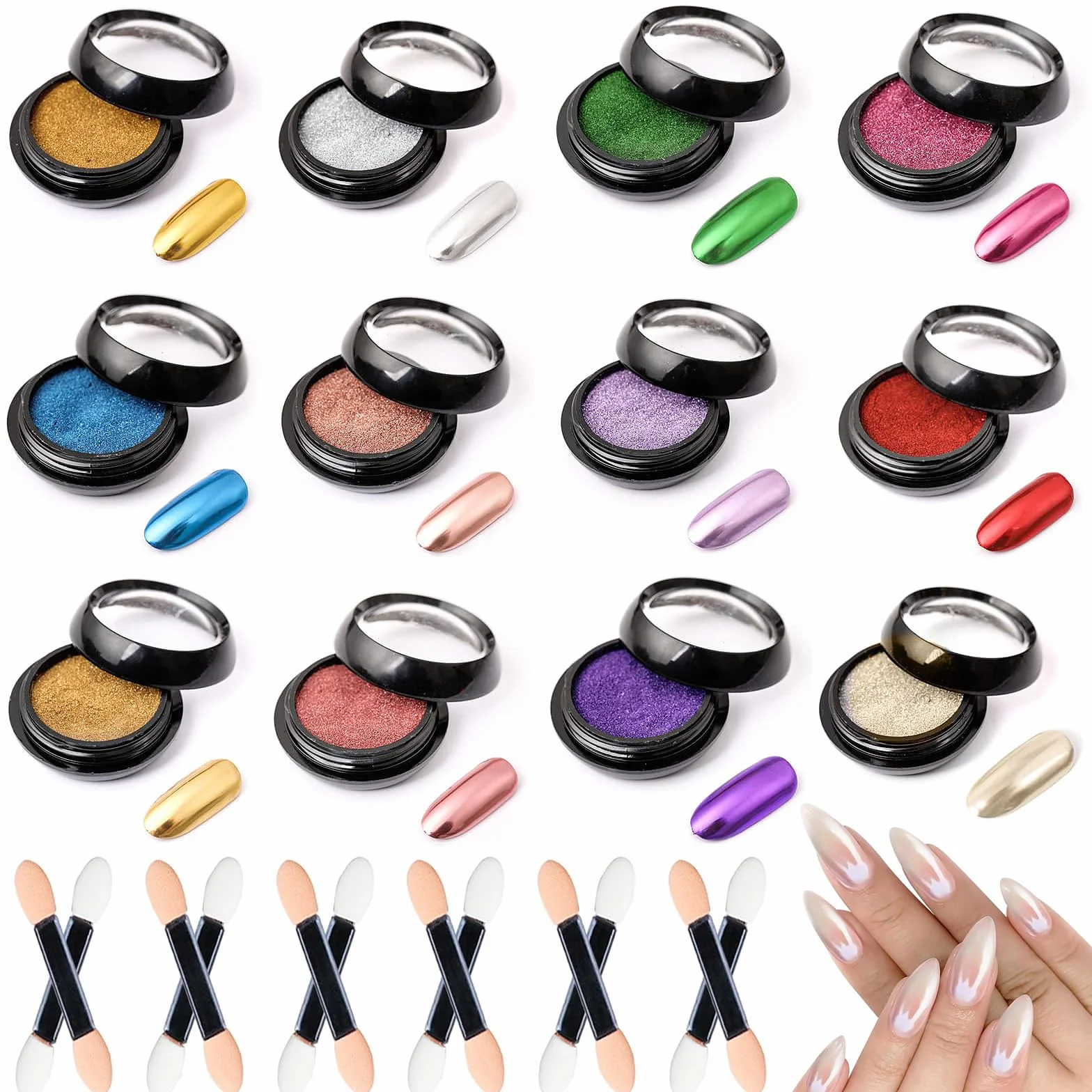 Poudre à Ongles à Frotter 12 Pièces, Poudre Chrome Ongle, Poudres Miroir Effet Chromé, avec Pinceaux, pour Nail Art Décoration