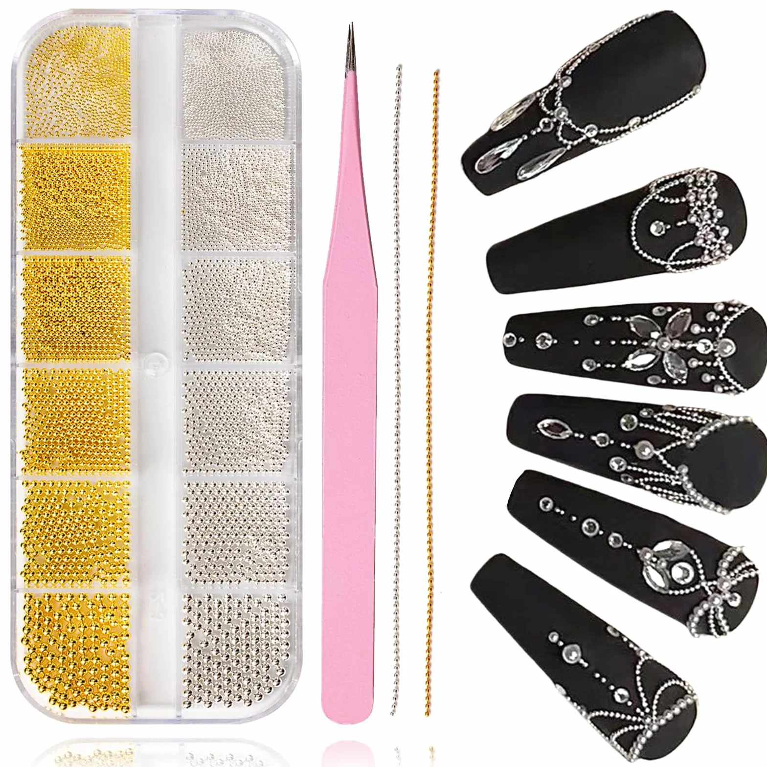 Perles caviar pour ongles, 12 degrés or et argent, chaînes d'ongles, accessoires nail art
