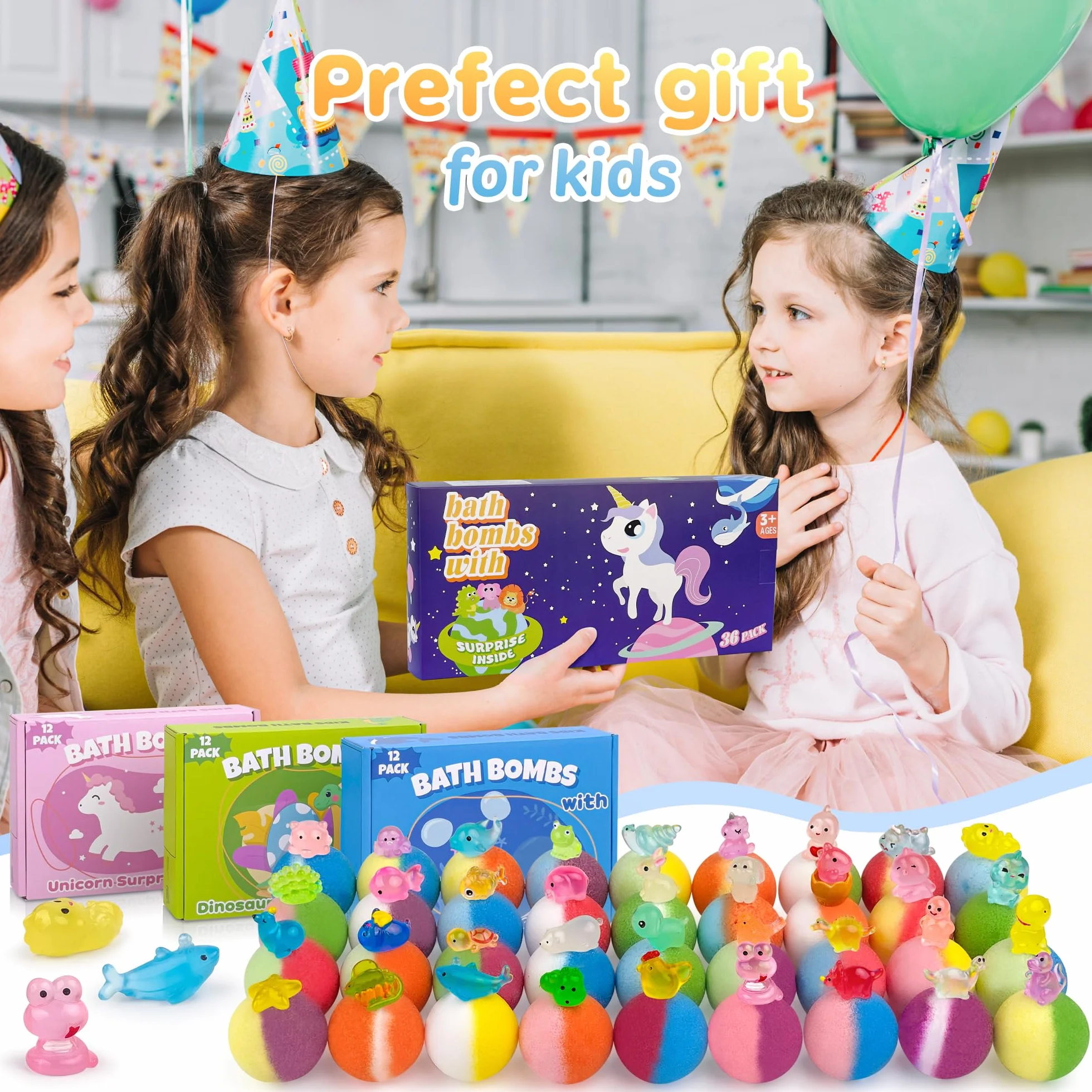 Bombes de bain bio pour enfants avec jouet surprise phosphorescent, 36 boules moussantes faites à la main, coffret cadeau anniversaire Pâques Noël
